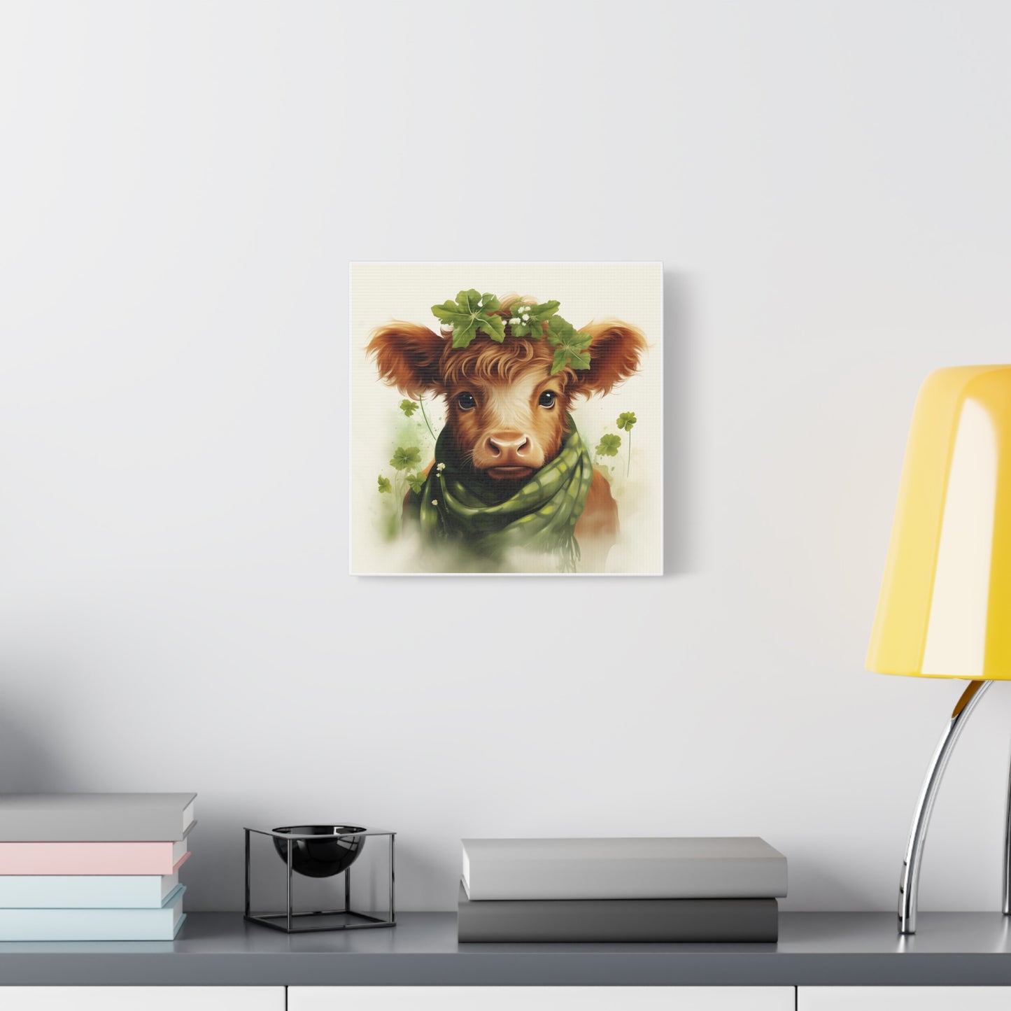 Charming Cow Canvas Print, Farmhouse Decor, Animal Art, Country Home, St. Patrick's Day, Gift for Cow Lovers, Green Clover