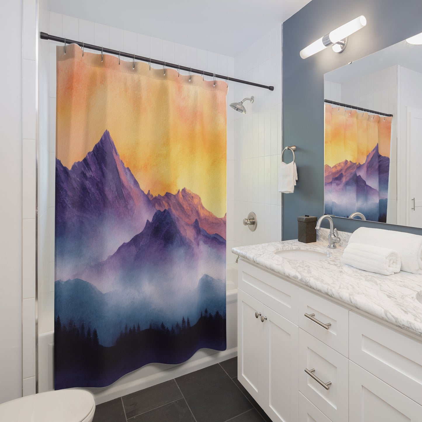 Mountain Sunset Shower Curtain, Bathroom Decor, Nature-Inspired Gift, Bohemian Style, Home Aesthetic