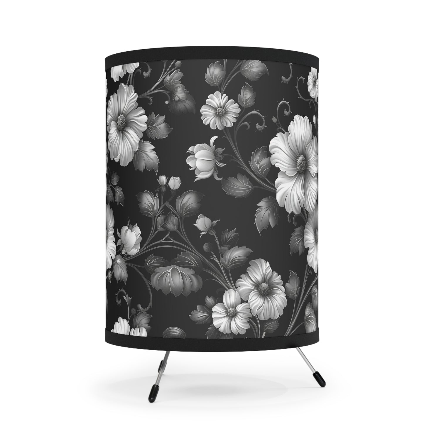 Chic Floral Tripod Lamp, Modern Home Decor, Unique Lighting, Elegant Gifts for Home, Stylish Accessories, Black & White Design