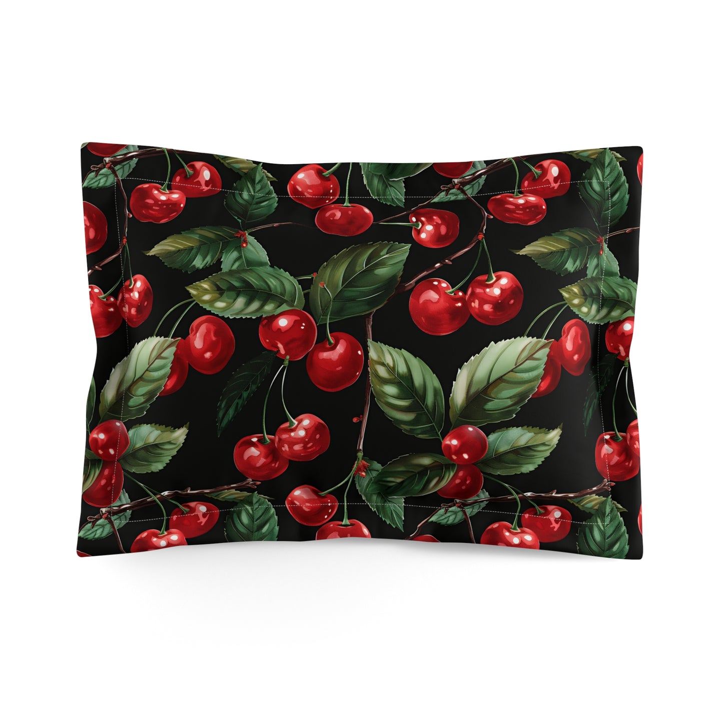 Cherry Blossom Microfiber Pillow Sham | Cozy Bedroom Decor, Gift for Her, Cherry Pattern Bedding, Black and Red Accent, Home Decor