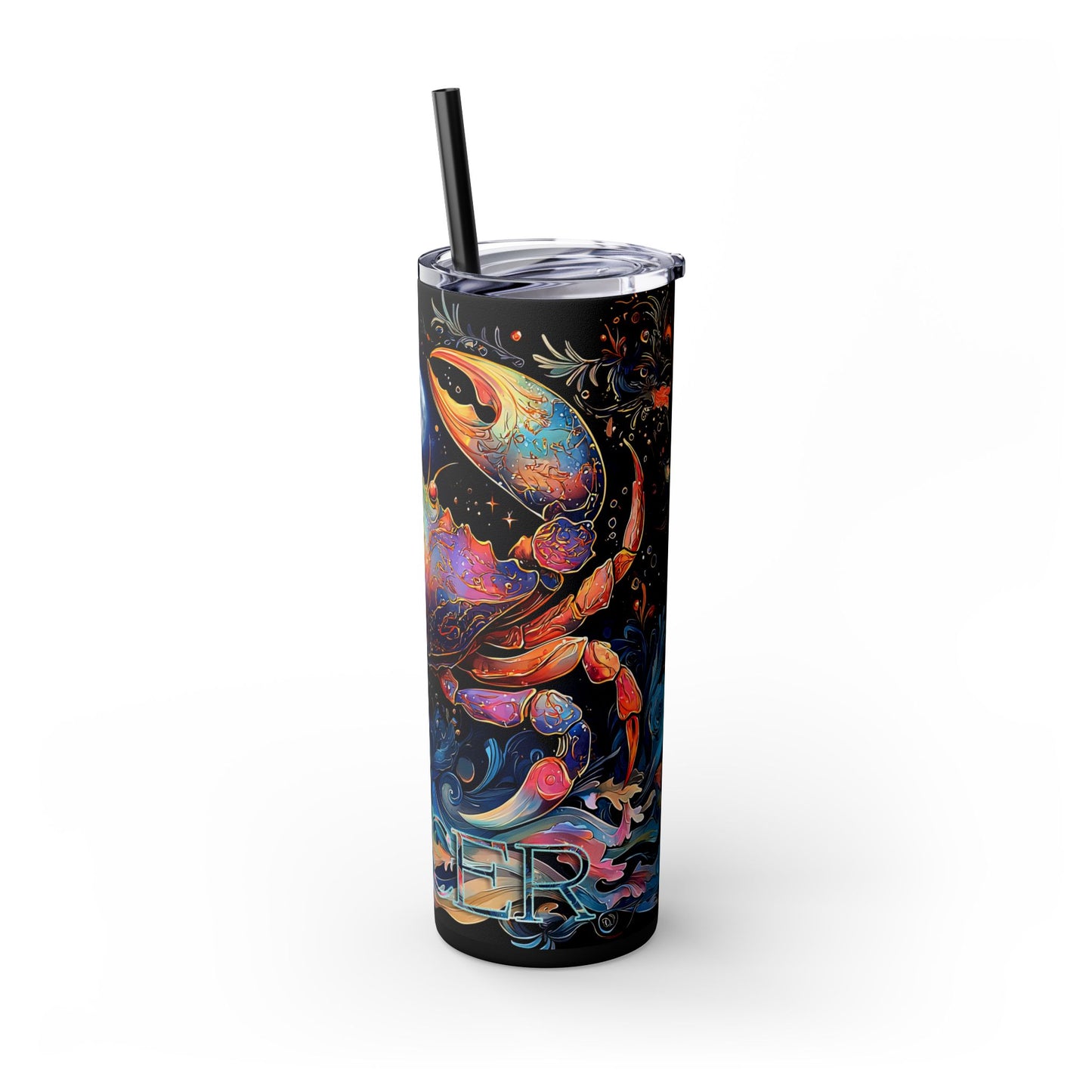 Zodiac Cancer Skinny Tumbler with Straw, 20oz - Astrology Gift, Cute Crab Design, Rainbow Colors, Starry Night Tumbler, Unique Drinkware