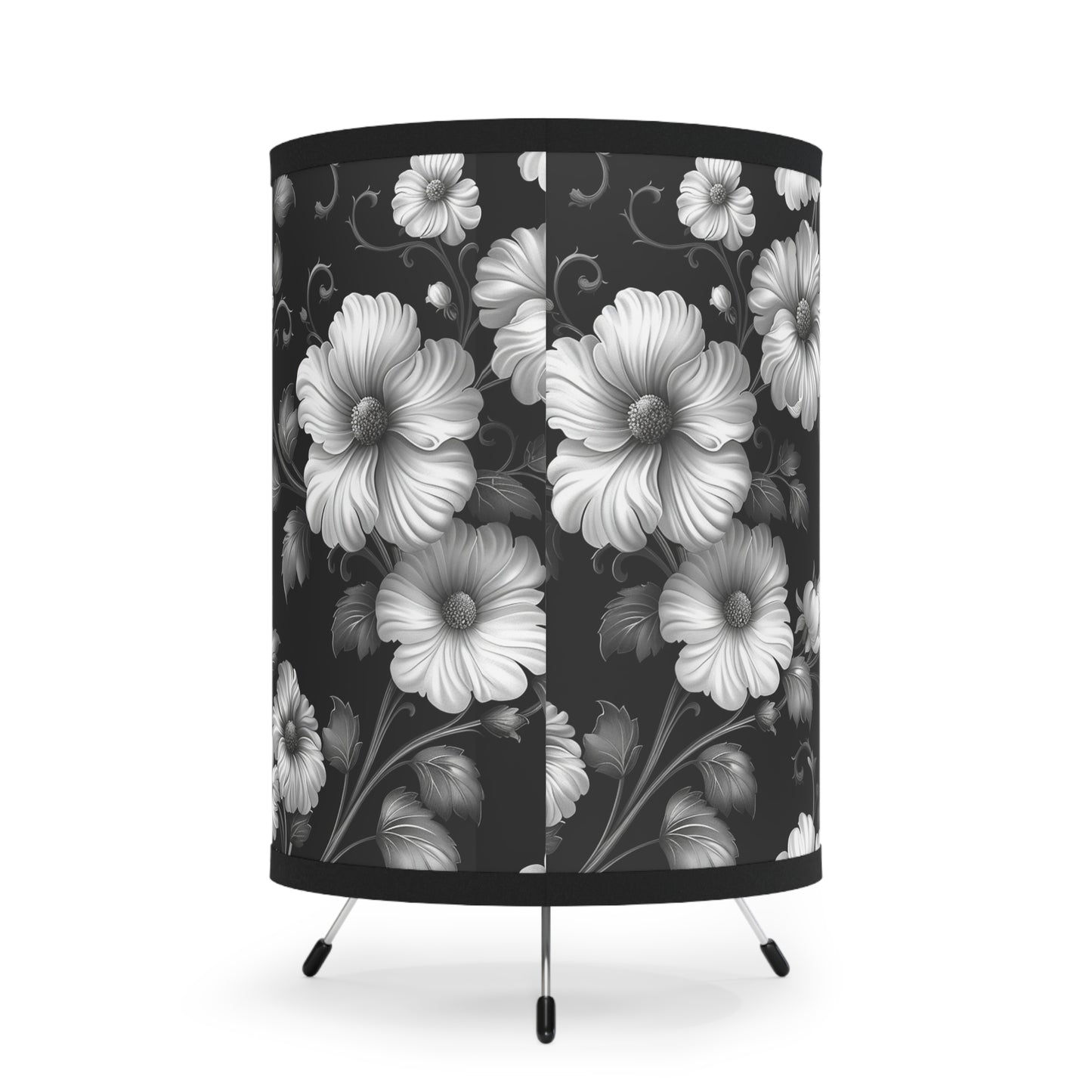 Chic Floral Tripod Lamp, Modern Home Decor, Unique Lighting, Elegant Gifts for Home, Stylish Accessories, Black & White Design