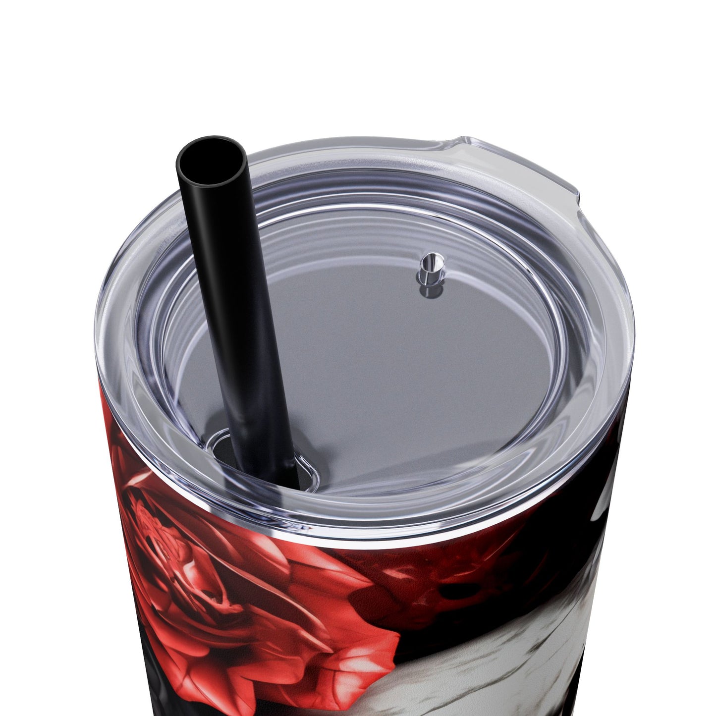 Skull and Roses Skinny Tumbler, 20oz, Edgy Travel Mug, Floral Cup with Straw, Gothic Drinkware for Halloween, Unique Gift Idea