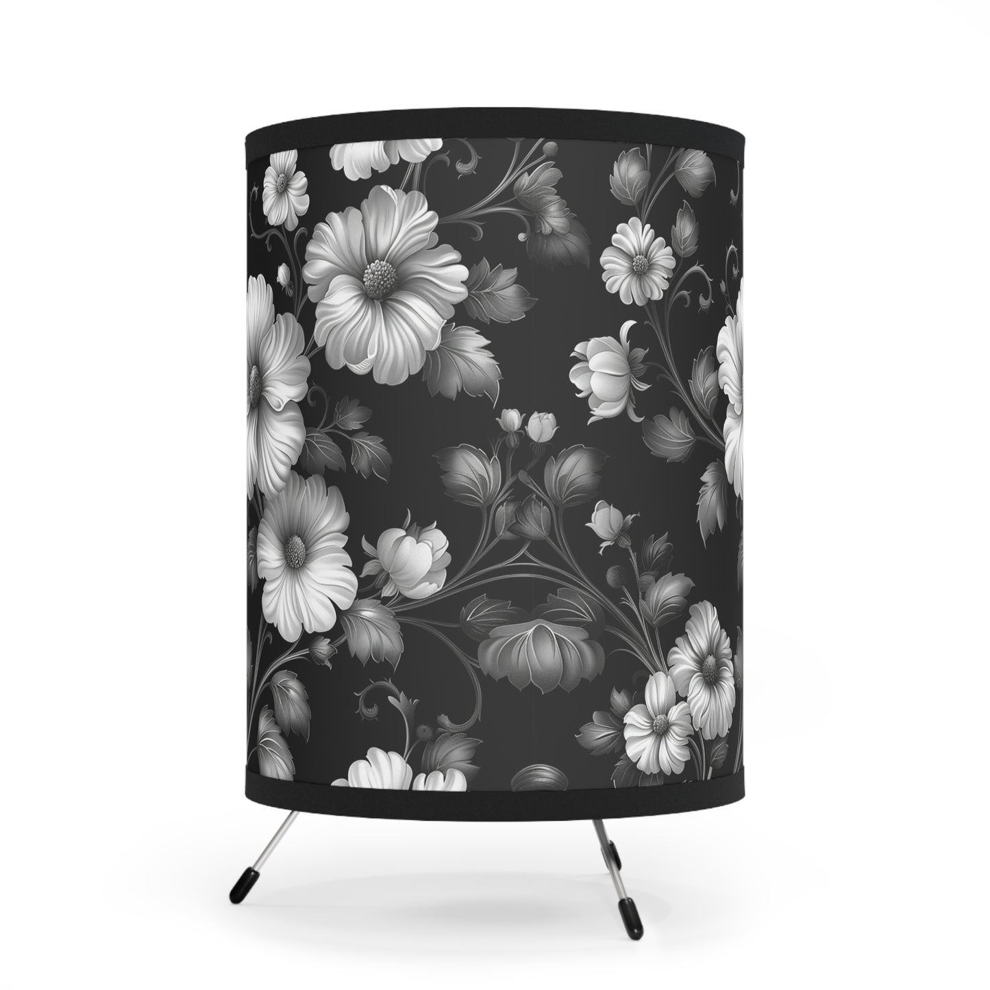 Chic Floral Tripod Lamp, Modern Home Decor, Unique Lighting, Elegant Gifts for Home, Stylish Accessories, Black & White Design