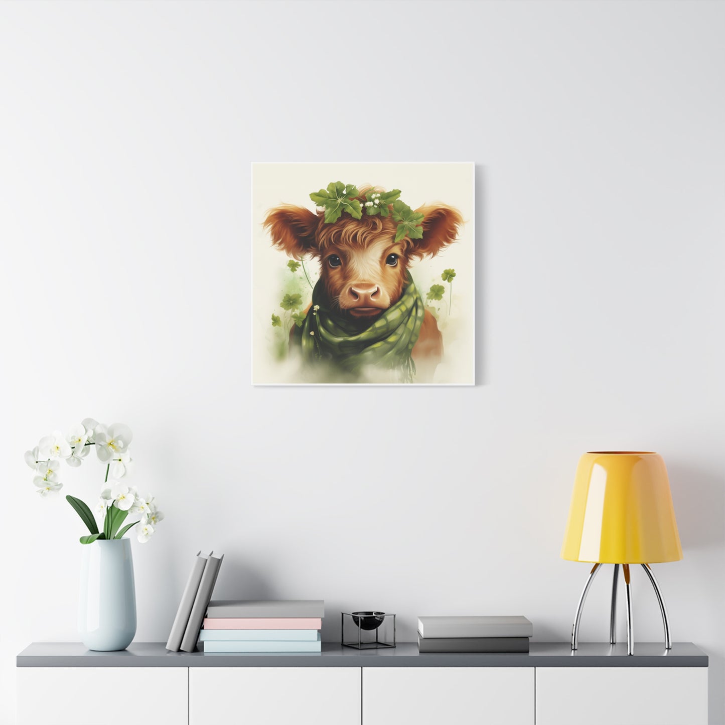 Charming Cow Canvas Print, Farmhouse Decor, Animal Art, Country Home, St. Patrick's Day, Gift for Cow Lovers, Green Clover