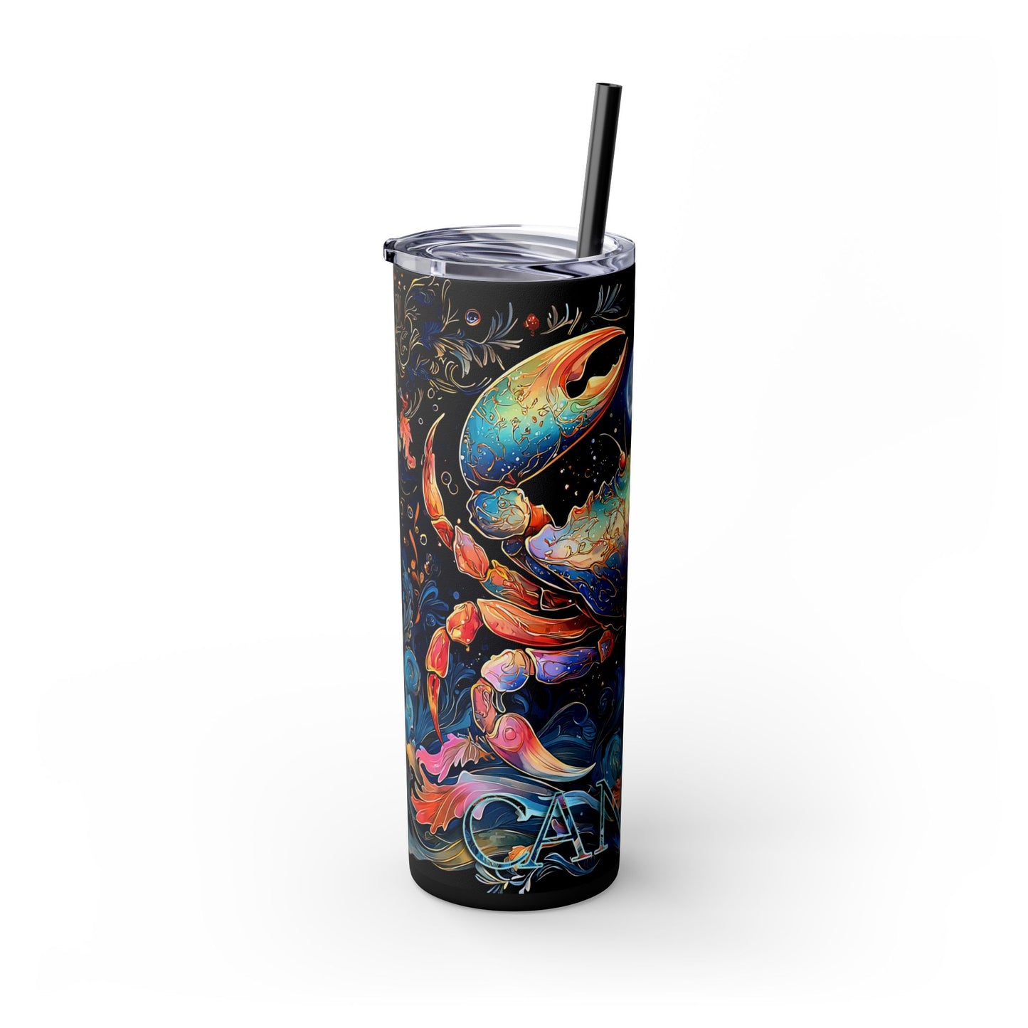Zodiac Cancer Skinny Tumbler with Straw, 20oz - Astrology Gift, Cute Crab Design, Rainbow Colors, Starry Night Tumbler, Unique Drinkware