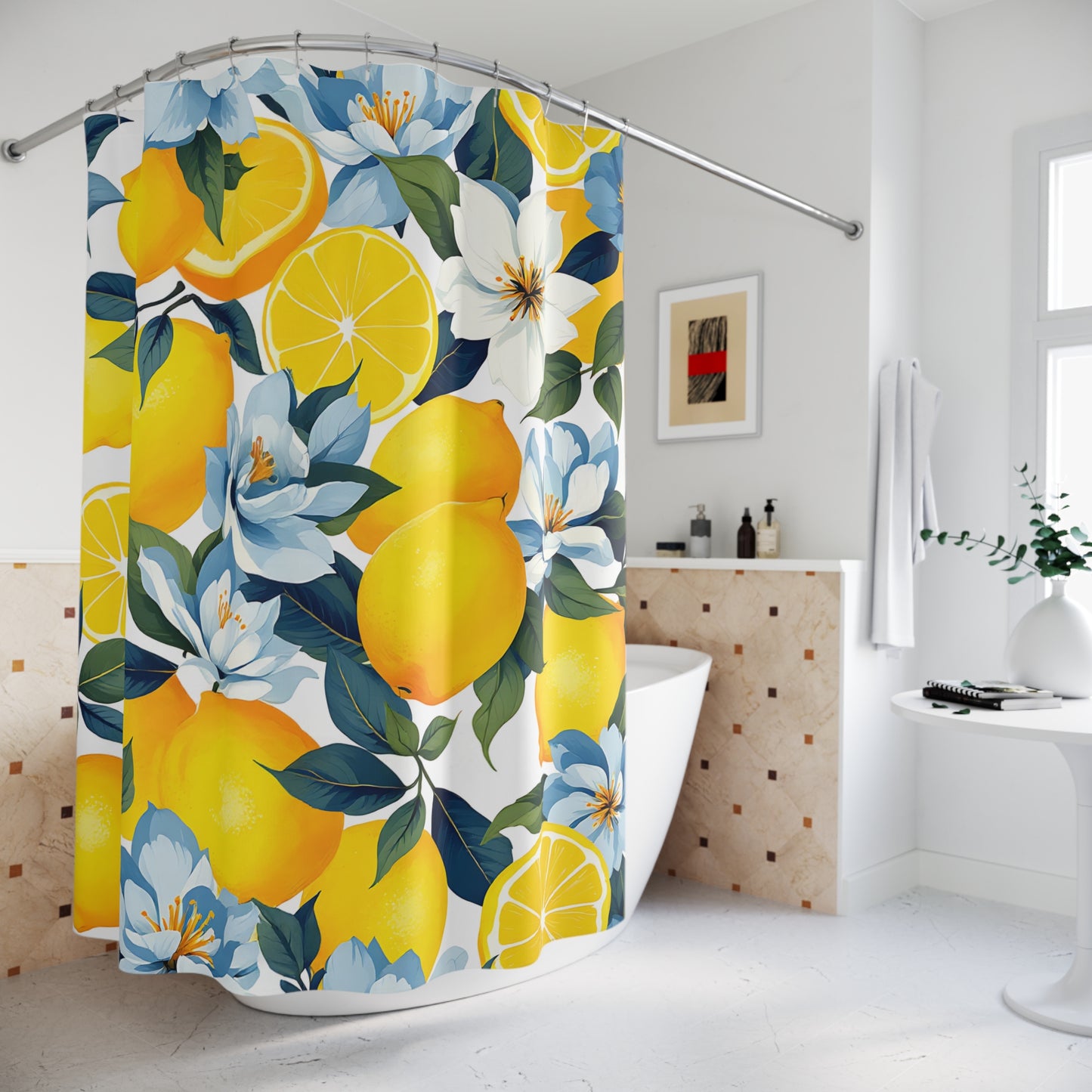 Vibrant Citrus Shower Curtain, Fresh Lemon Home Decor, Summer Bathroom Accent, Floral Bathroom Decor, Kitchen Inspired Shower Curtain