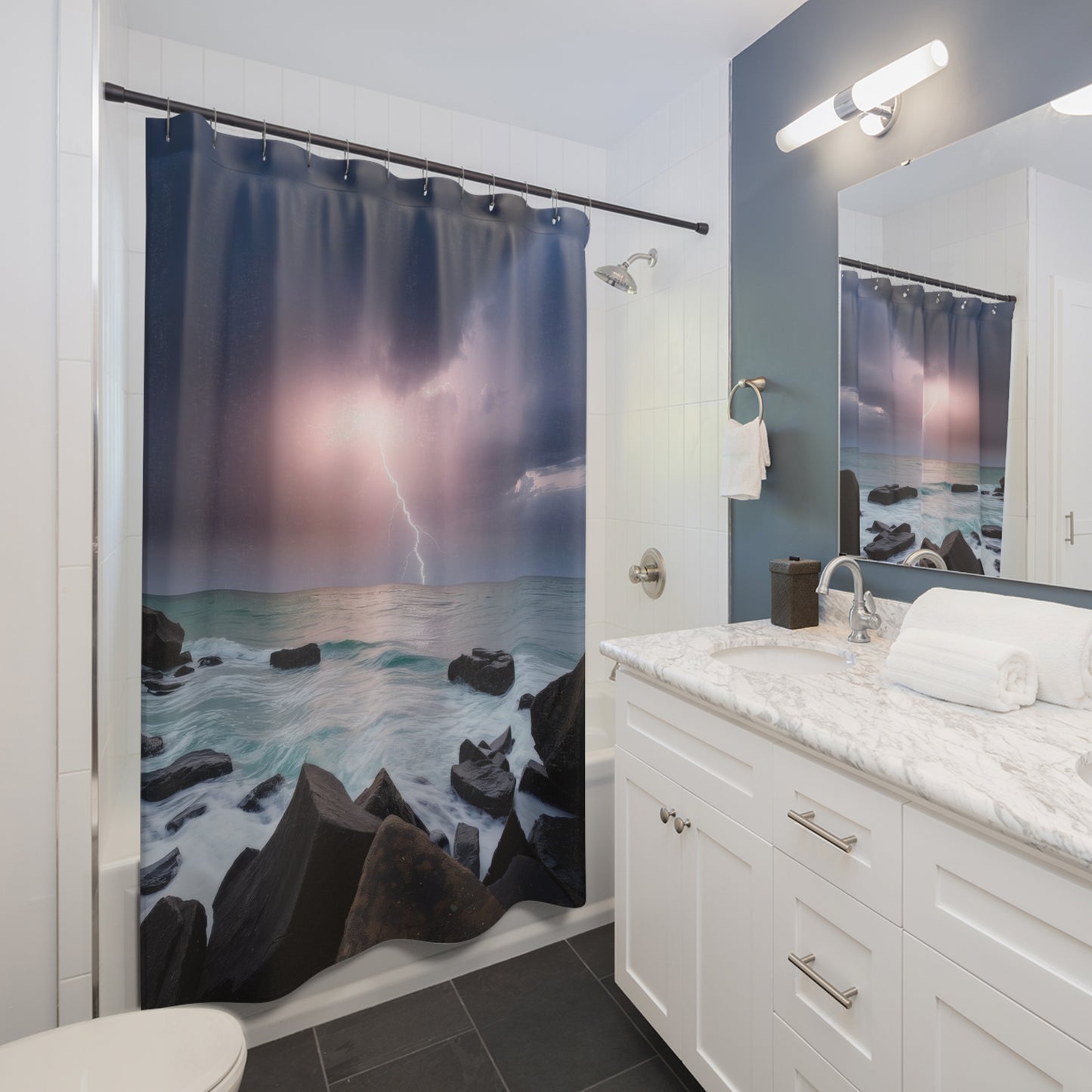 Stormy Seascape Shower Curtain, Ocean Decor for Bathroom, Coastal Vibes, Lightning Shower Curtain, Home Decor, Unique Gift
