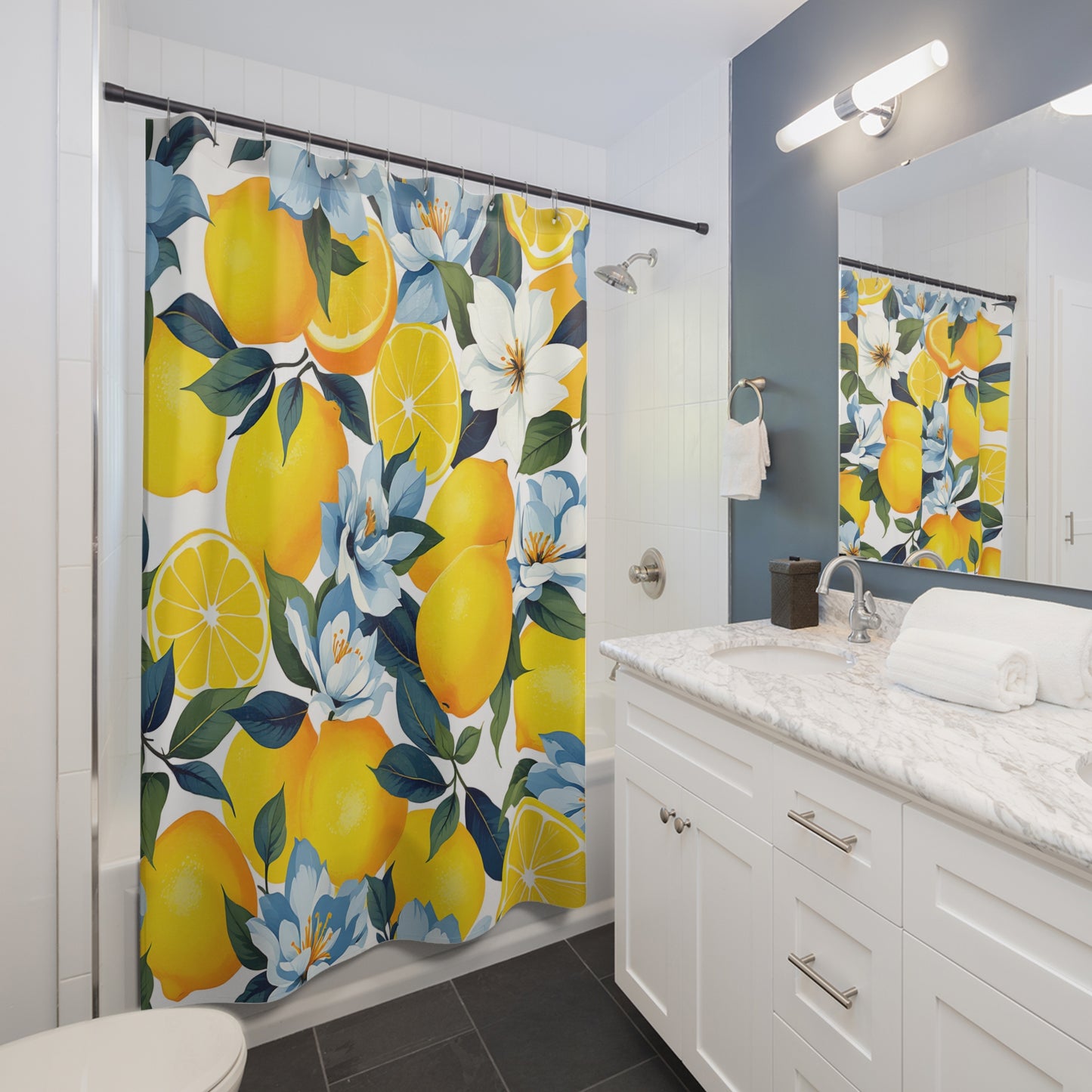 Vibrant Citrus Shower Curtain, Fresh Lemon Home Decor, Summer Bathroom Accent, Floral Bathroom Decor, Kitchen Inspired Shower Curtain