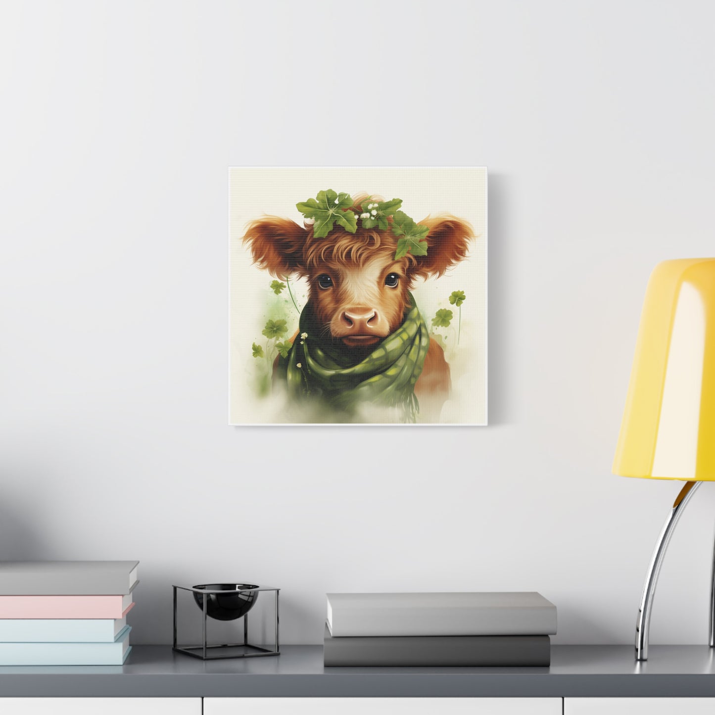 Charming Cow Canvas Print, Farmhouse Decor, Animal Art, Country Home, St. Patrick's Day, Gift for Cow Lovers, Green Clover