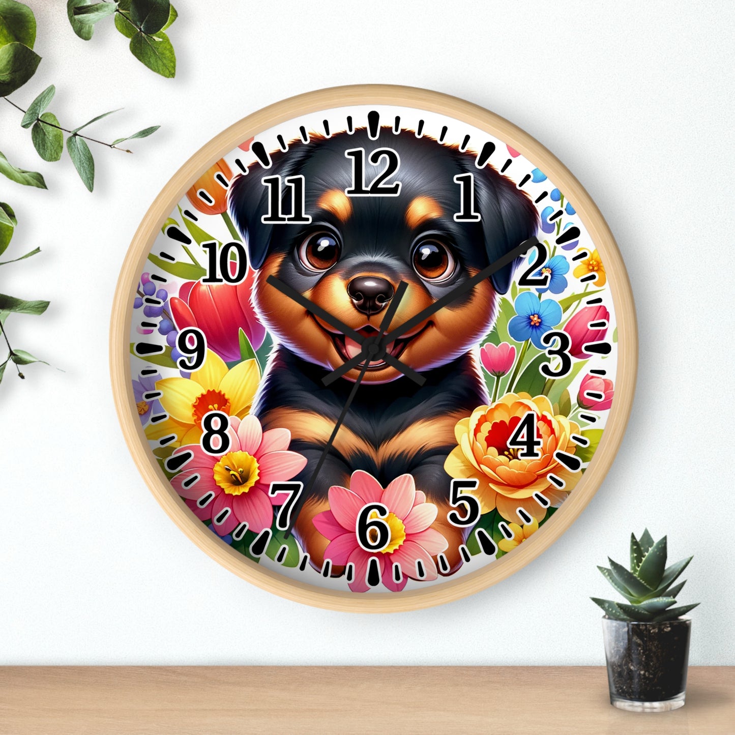 Floral Rottweiler Wall Clock, Pet Lover Gift, Home Decor, Dog Theme Timepiece, Vibrant Kitchen Clock, Unique Animal Clock