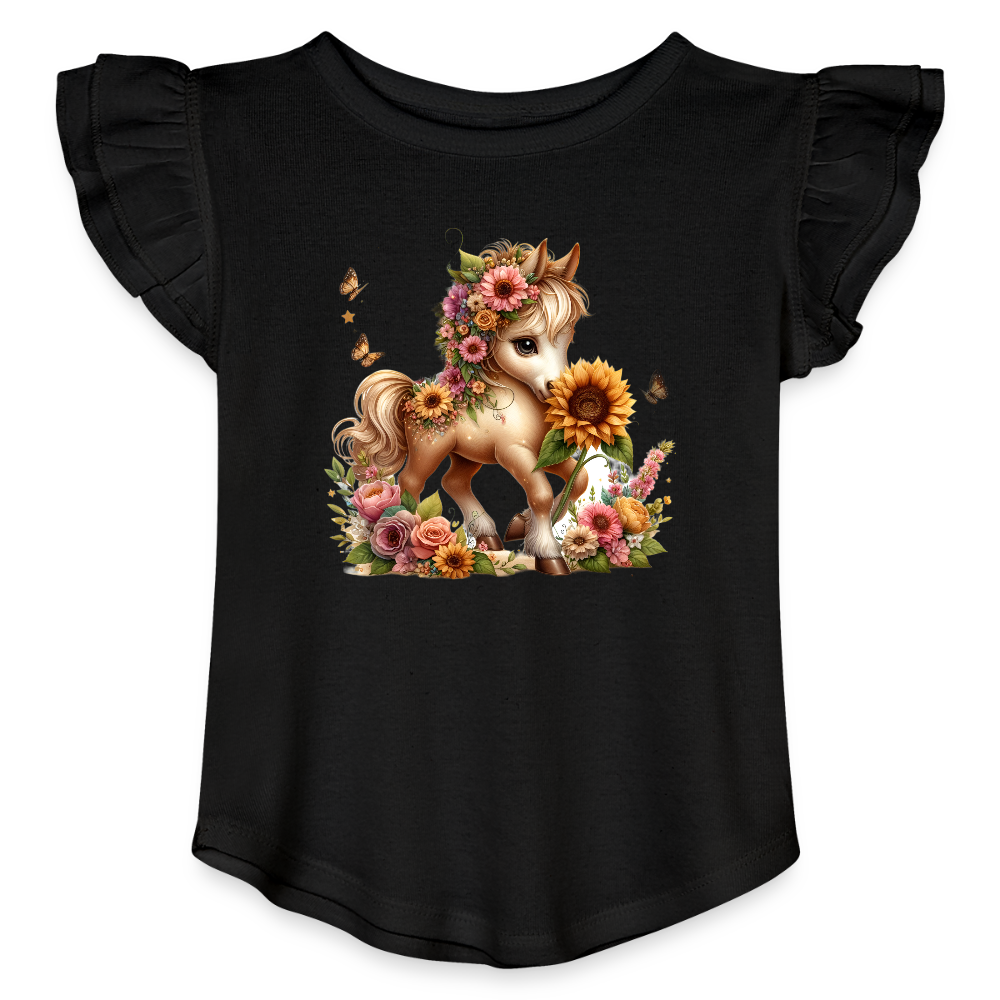 Floral Horse Toddler Girls Flutter T-shirt - black