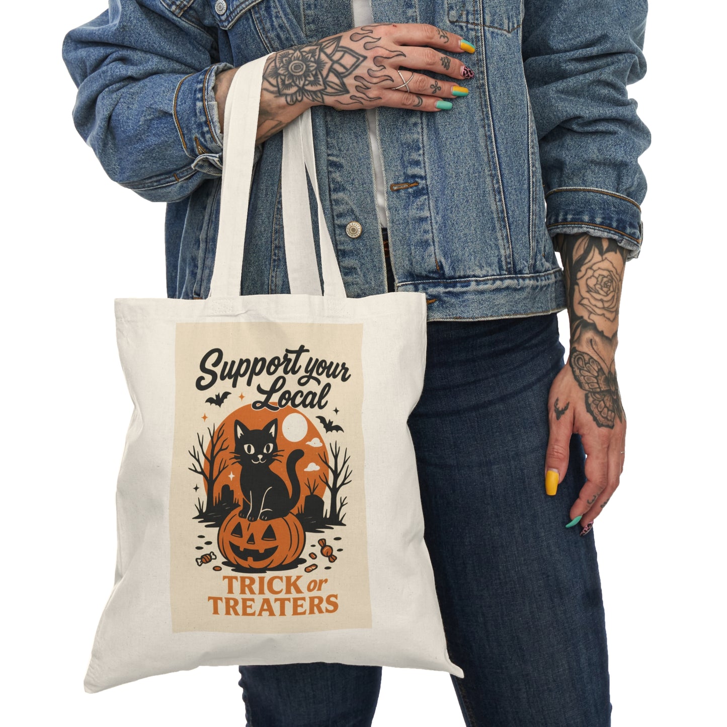 Halloween Cat Tote Bag - Support Your Local Trick or Treaters, Eco-Friendly Bag, Pumpkin Design, Fall Accessory, Gift for Cat Lovers