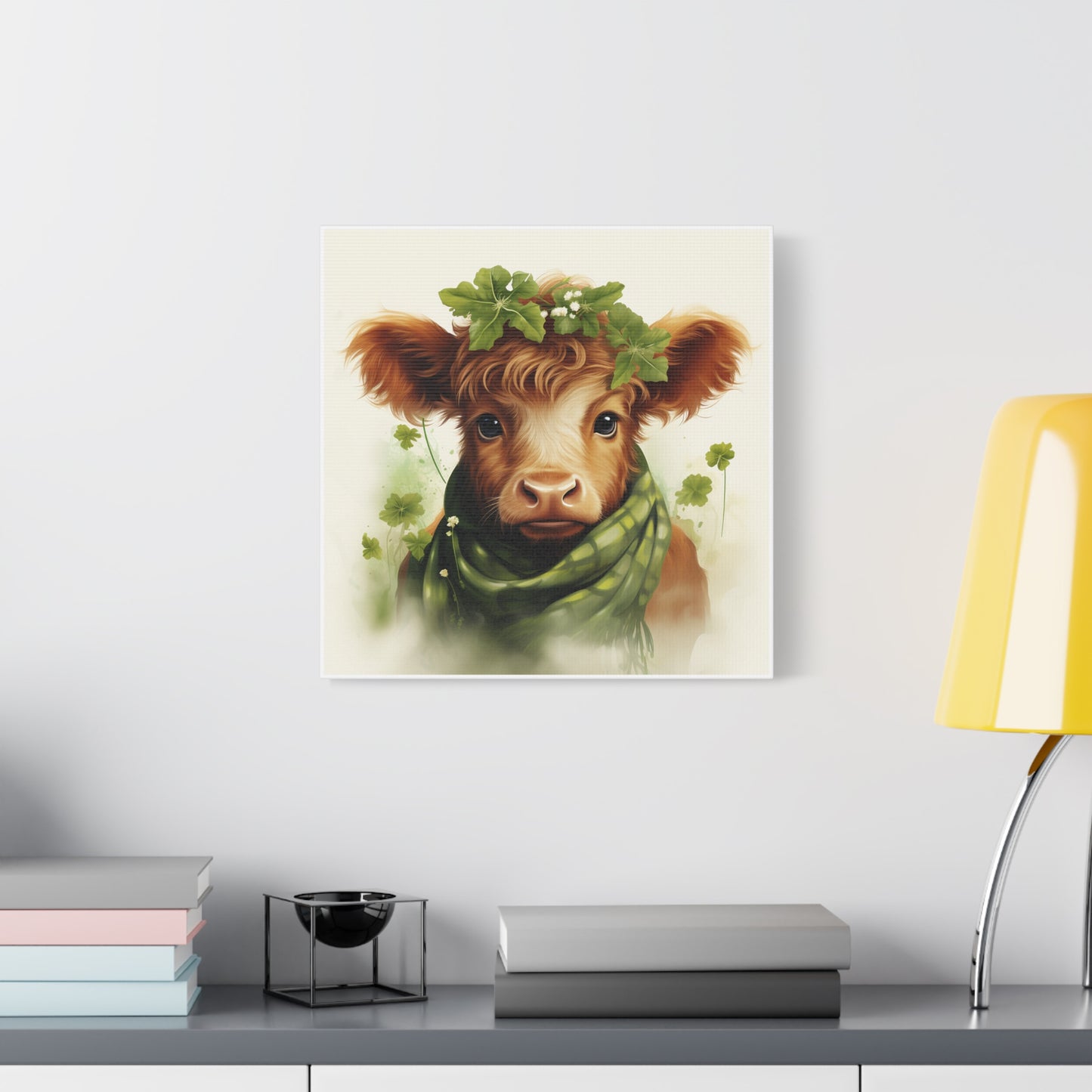 Charming Cow Canvas Print, Farmhouse Decor, Animal Art, Country Home, St. Patrick's Day, Gift for Cow Lovers, Green Clover