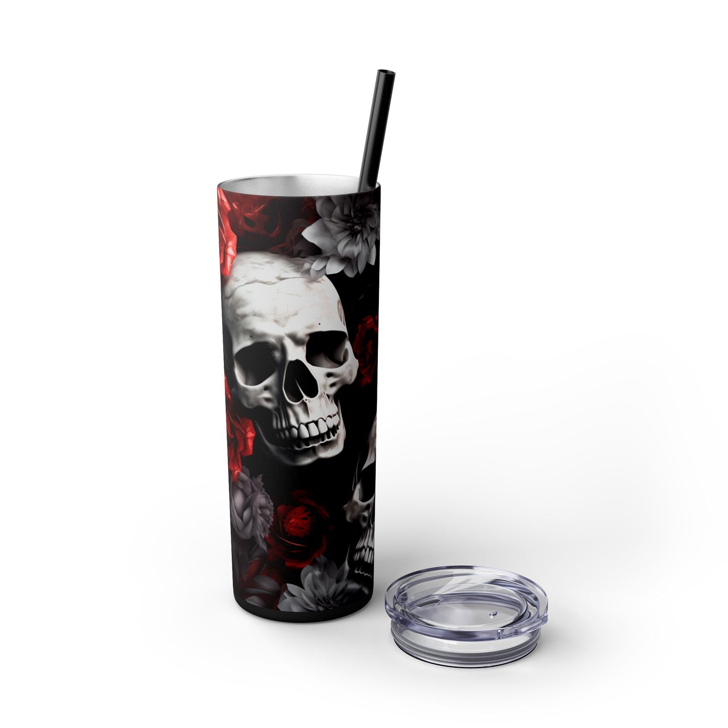 Skull and Roses Skinny Tumbler, 20oz, Edgy Travel Mug, Floral Cup with Straw, Gothic Drinkware for Halloween, Unique Gift Idea