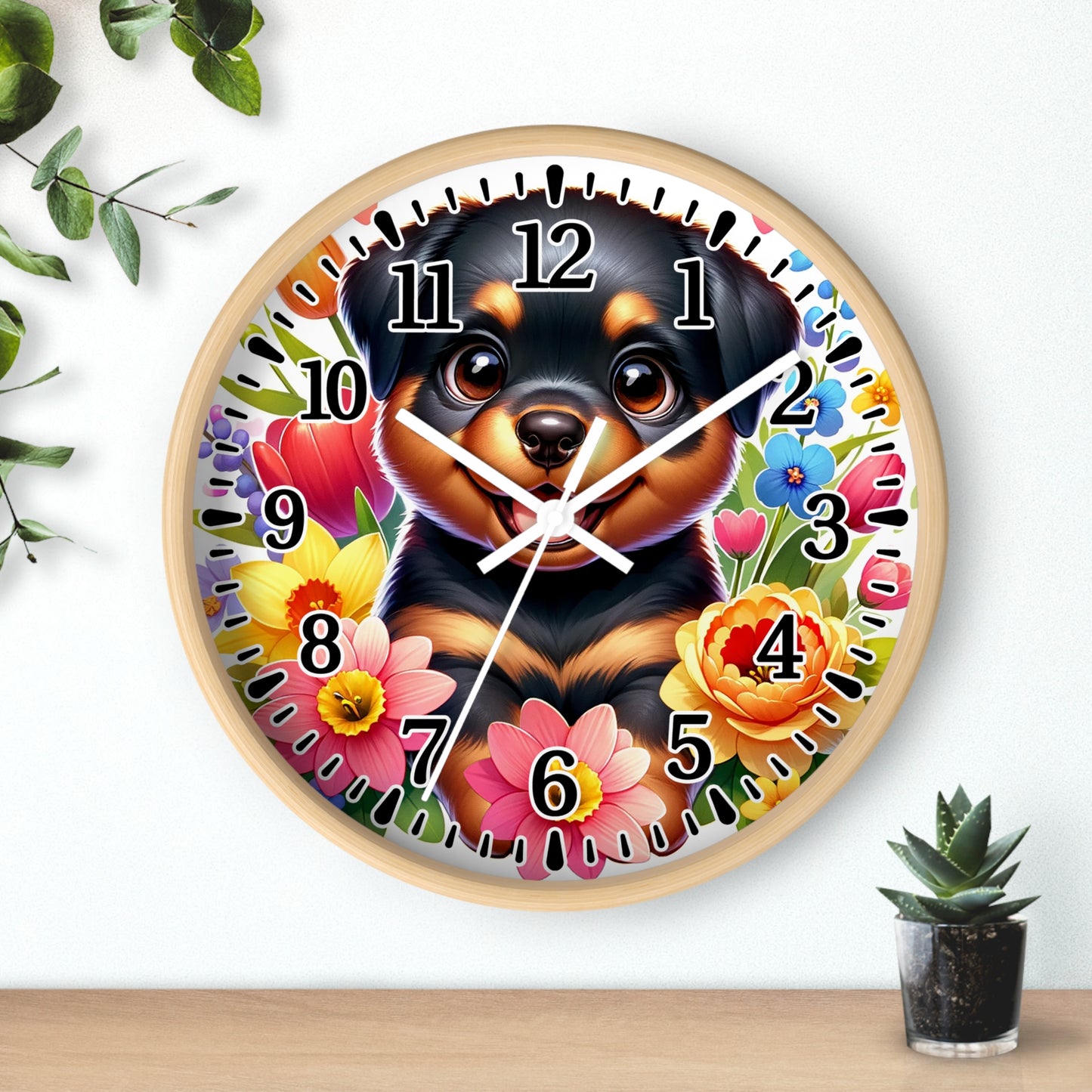 Floral Rottweiler Wall Clock, Pet Lover Gift, Home Decor, Dog Theme Timepiece, Vibrant Kitchen Clock, Unique Animal Clock