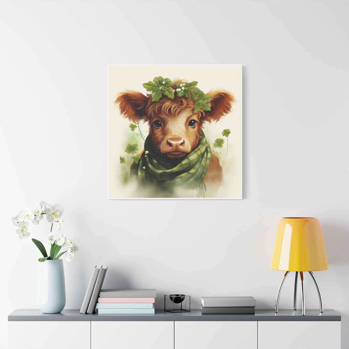 Charming Cow Canvas Print, Farmhouse Decor, Animal Art, Country Home, St. Patrick's Day, Gift for Cow Lovers, Green Clover