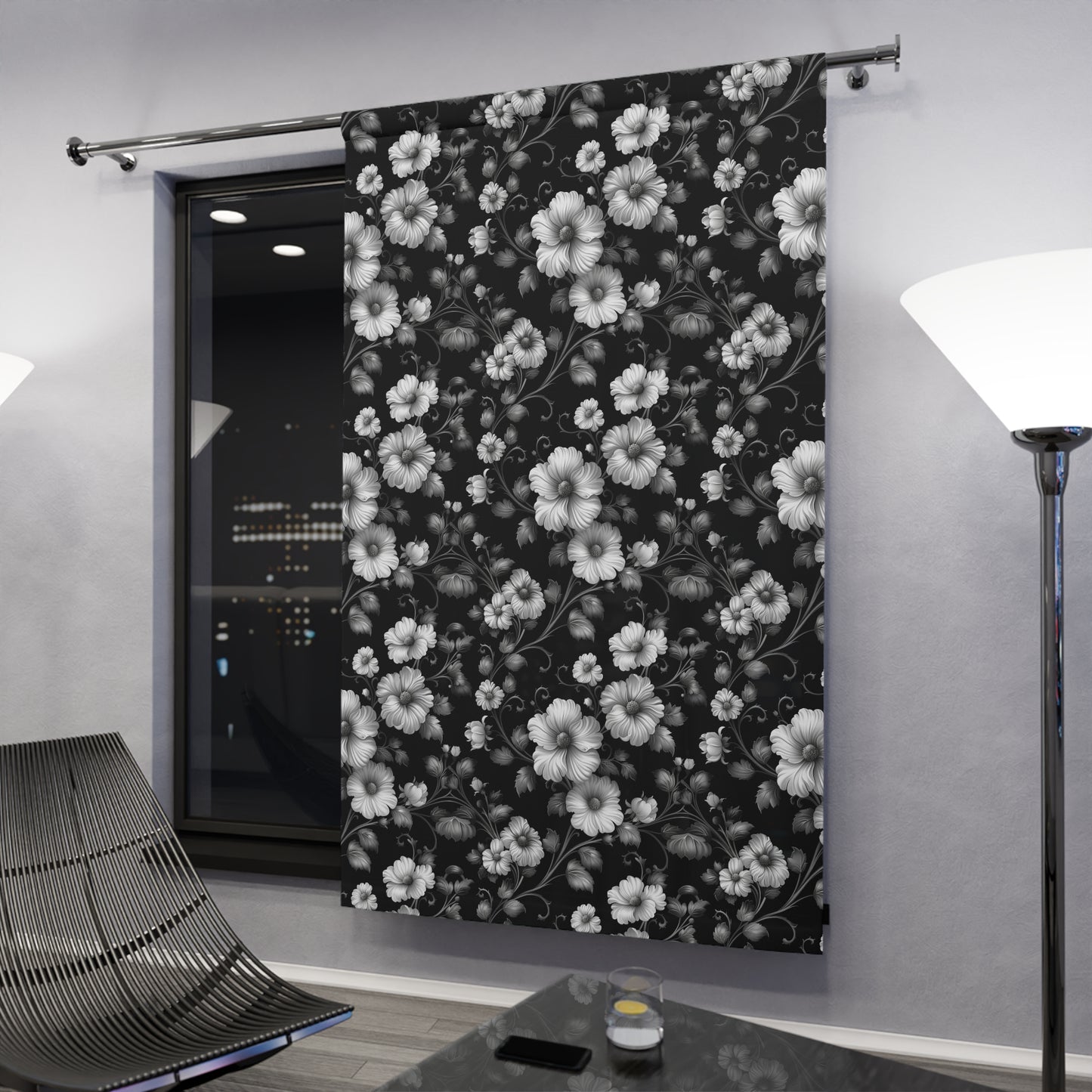 Elegant Floral Sheer Window Curtains | Black and White Floral Drapes for Home Décor, Living Room, Bedroom, Privacy Curtains, Gothic Decor
