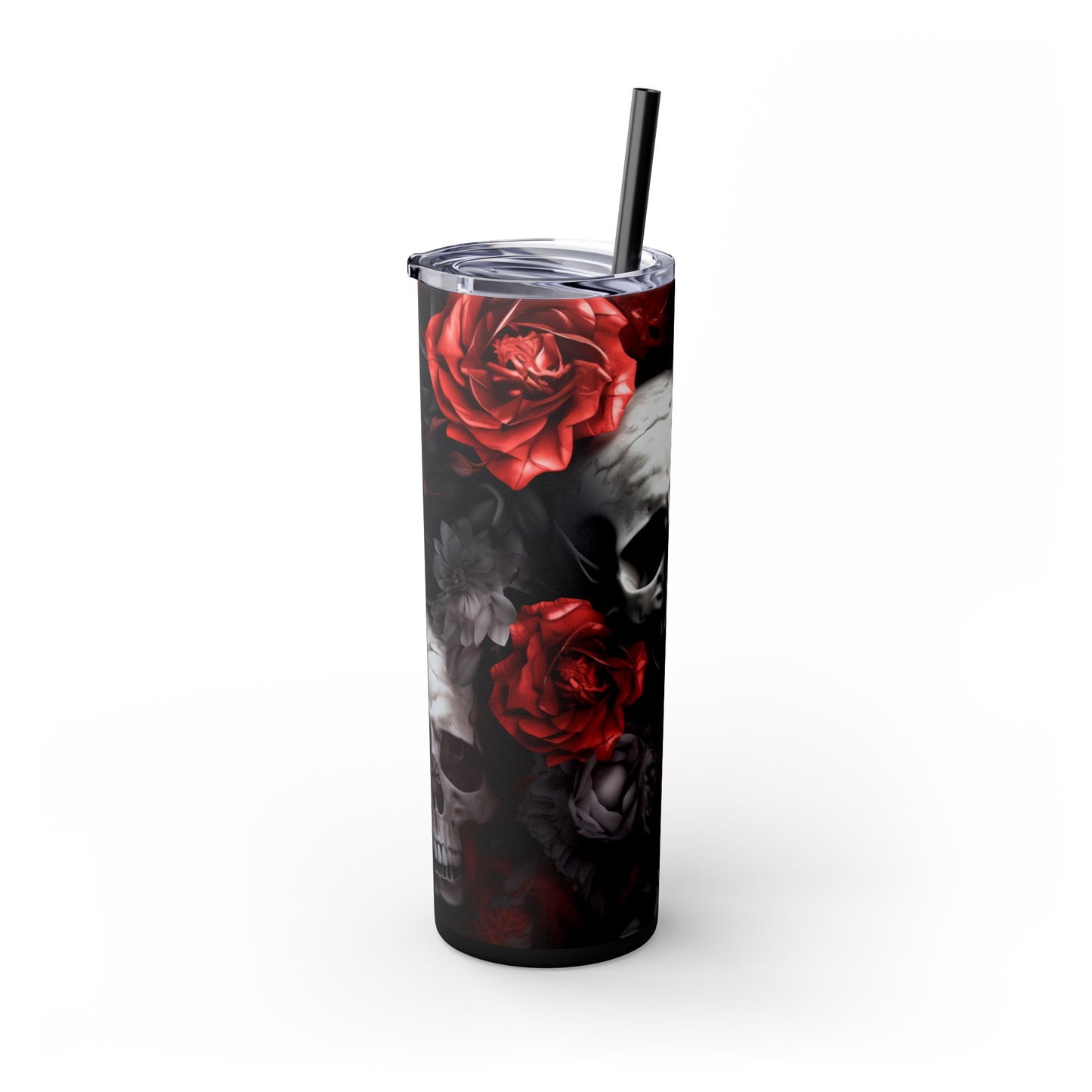 Skull and Roses Skinny Tumbler, 20oz, Edgy Travel Mug, Floral Cup with Straw, Gothic Drinkware for Halloween, Unique Gift Idea