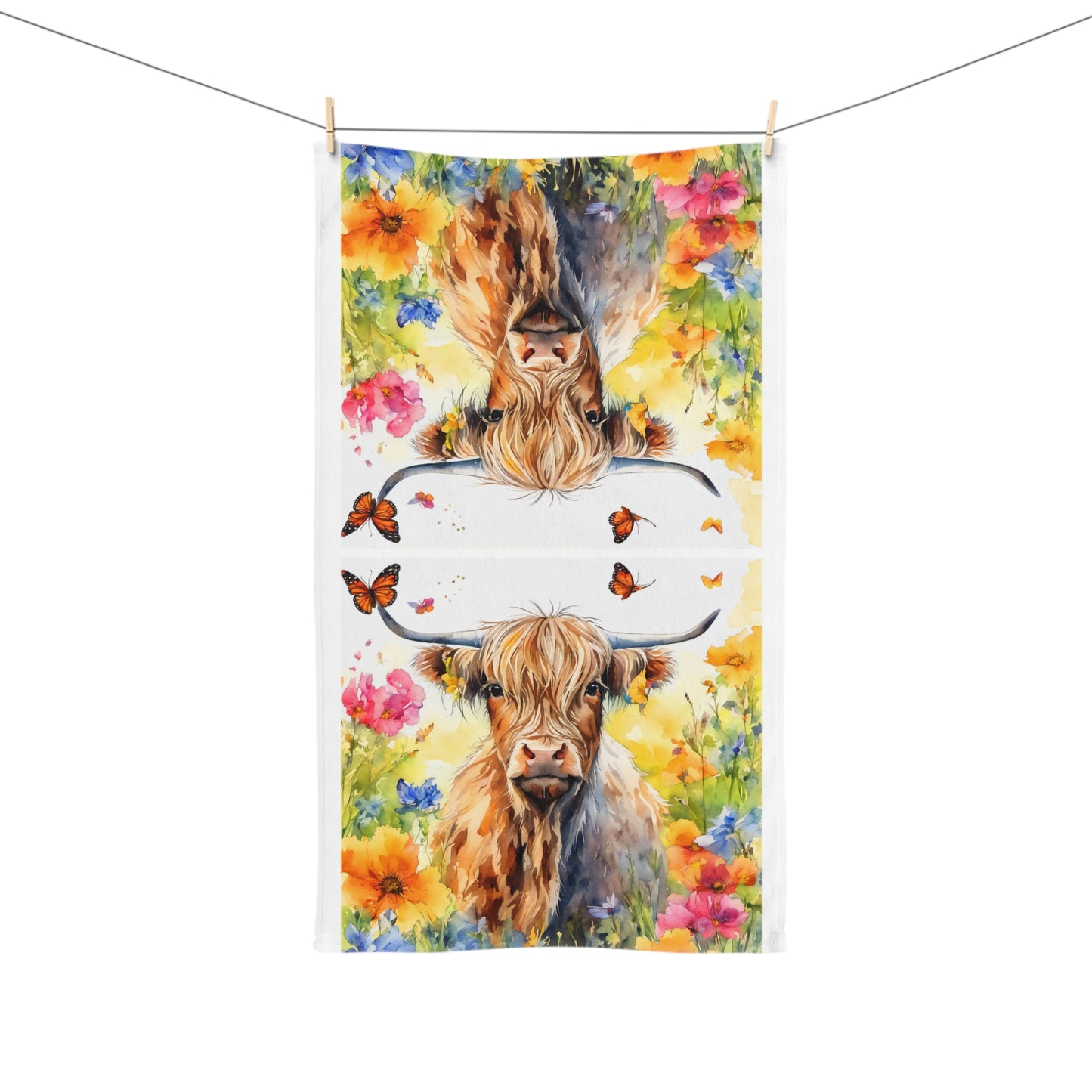 Highland Cow Hand Towel, Farmhouse Kitchen Decor, Floral Bath Towel, Cow Lover Gift, Rustic Home Accessory