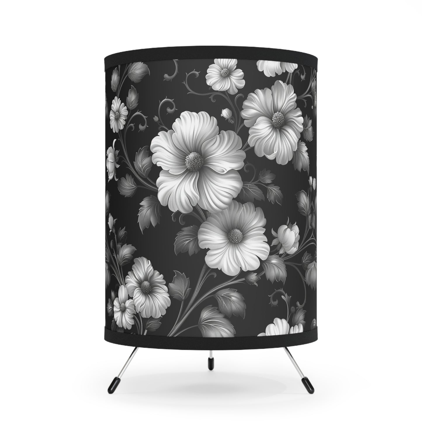 Chic Floral Tripod Lamp, Modern Home Decor, Unique Lighting, Elegant Gifts for Home, Stylish Accessories, Black & White Design