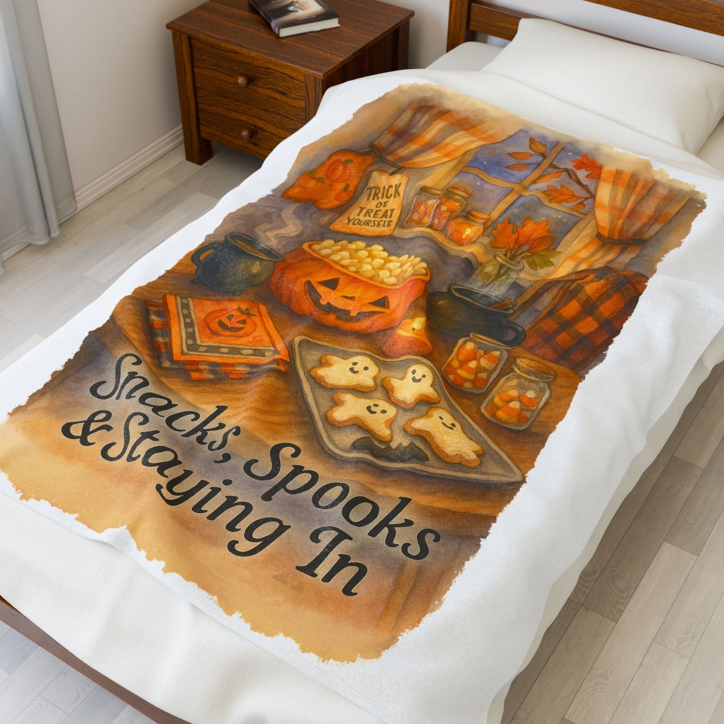 Cozy Halloween Velveteen Plush Blanket, Fall Décor, Pumpkin Spice Vibes, Perfect for Snuggling, Gift for Autumn Lovers