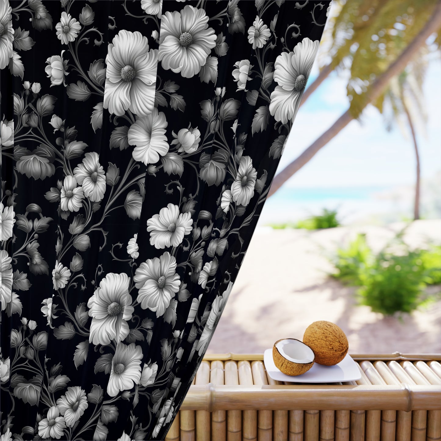 Elegant Floral Sheer Window Curtains | Black and White Floral Drapes for Home Décor, Living Room, Bedroom, Privacy Curtains, Gothic Decor