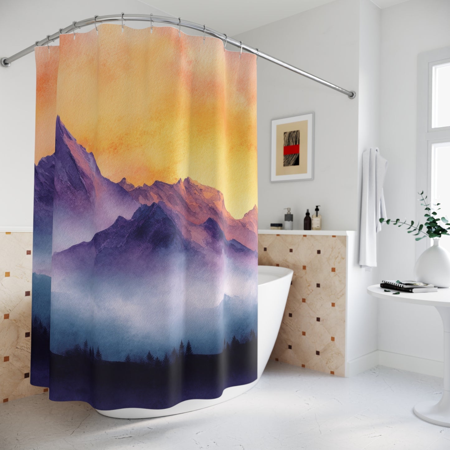 Mountain Sunset Shower Curtain, Bathroom Decor, Nature-Inspired Gift, Bohemian Style, Home Aesthetic