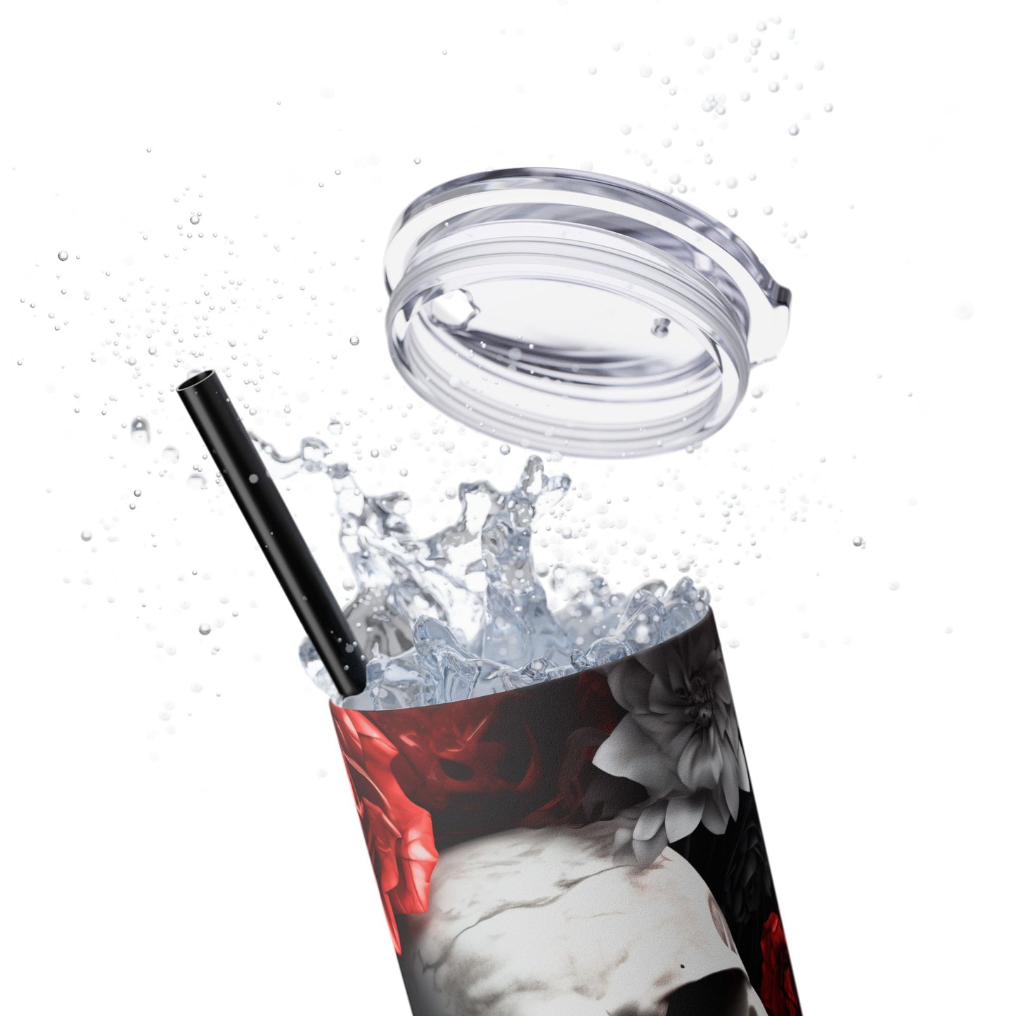 Skull and Roses Skinny Tumbler, 20oz, Edgy Travel Mug, Floral Cup with Straw, Gothic Drinkware for Halloween, Unique Gift Idea