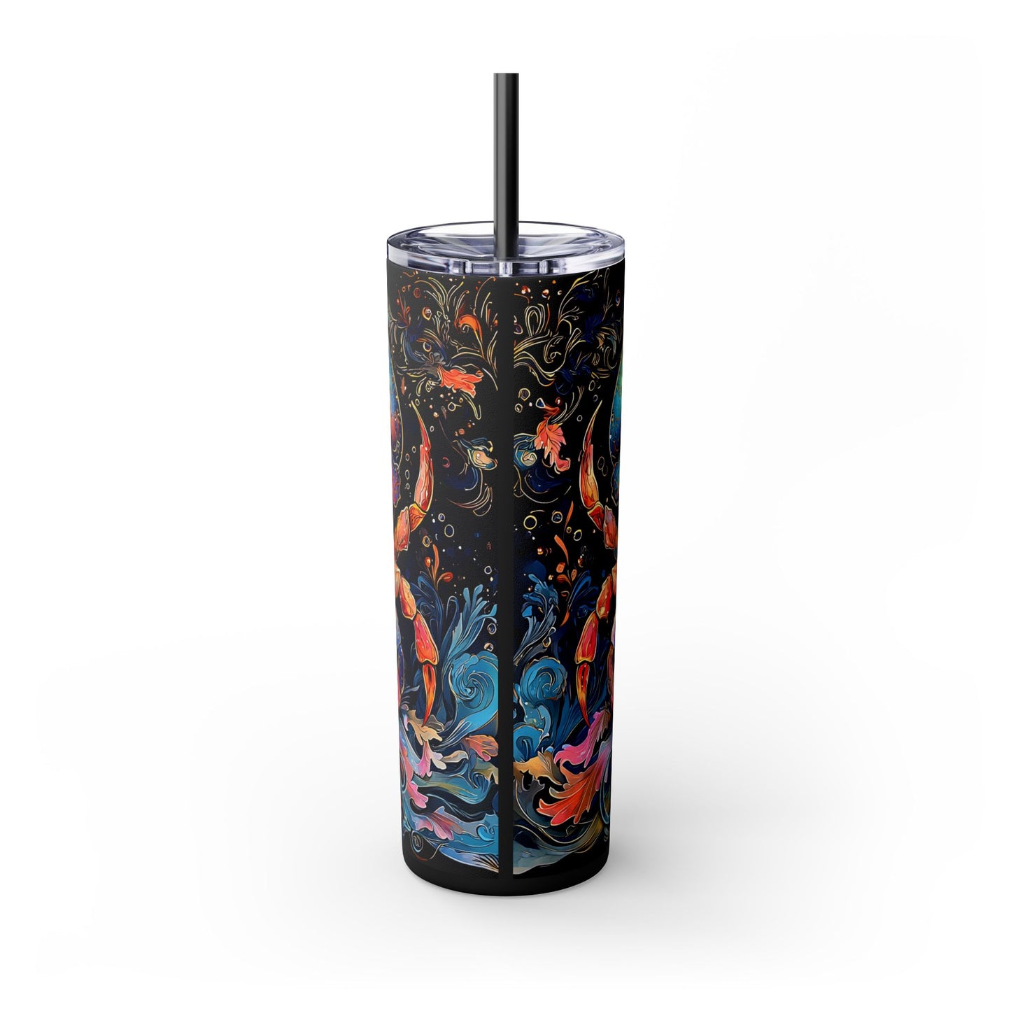 Zodiac Cancer Skinny Tumbler with Straw, 20oz - Astrology Gift, Cute Crab Design, Rainbow Colors, Starry Night Tumbler, Unique Drinkware