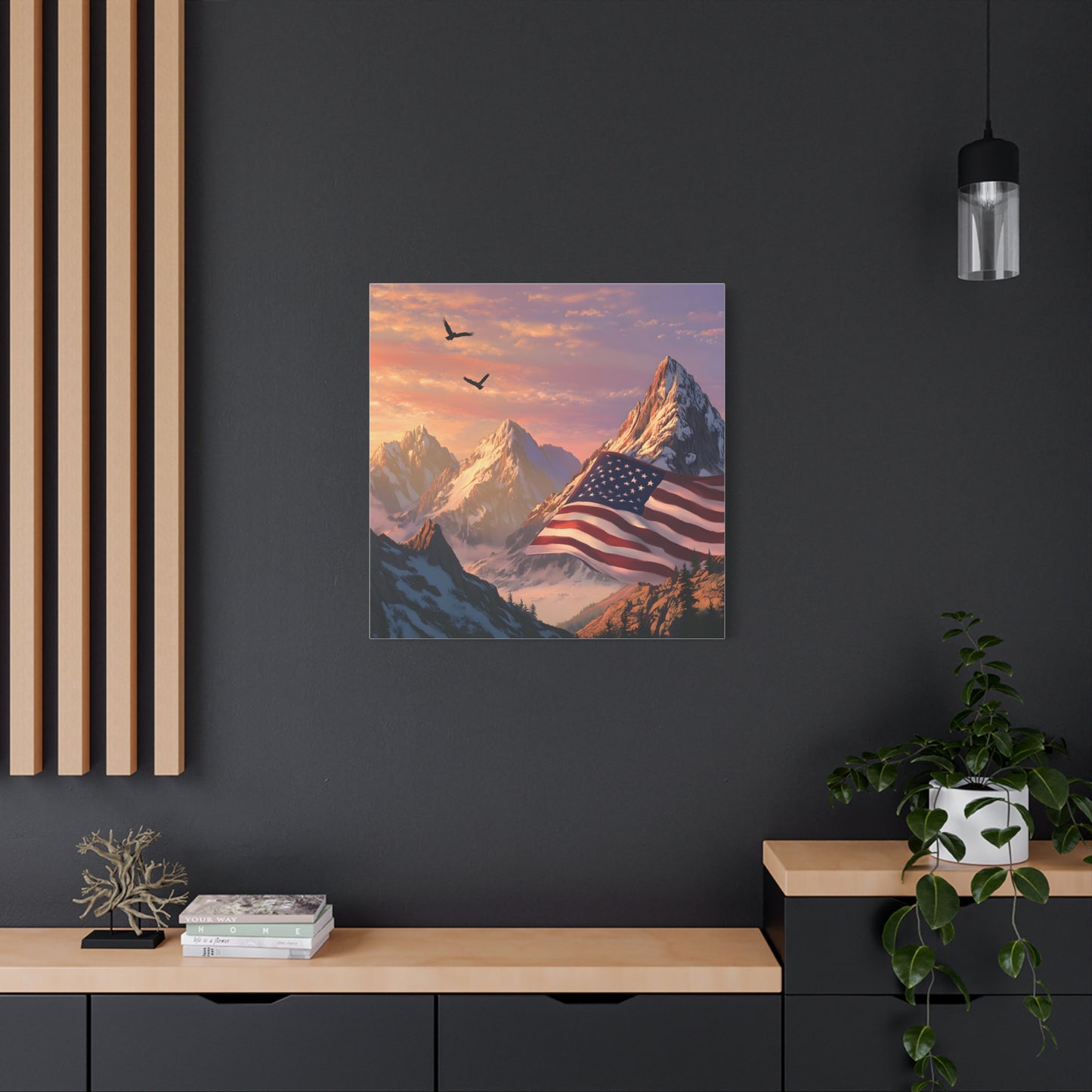 Patriotic Canvas Wall Art, Mountain Landscape with American Flag, Home Decor, Gift for Veterans, Nature Print, 4th of July Decoration