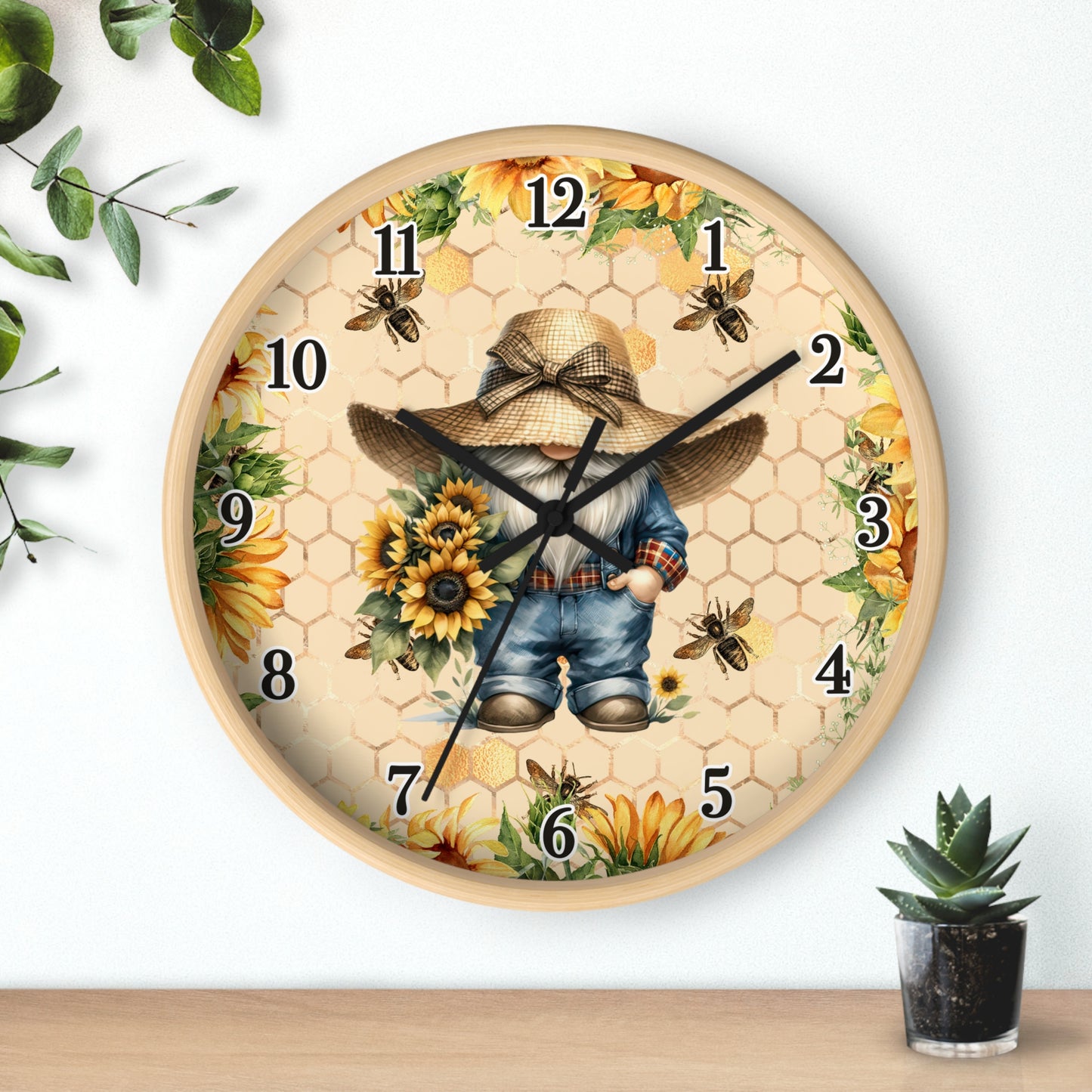 Sunflower Farmer Wall Clock, Rustic Home Decor, Farmhouse Gift, Bee Theme Clock, Country Style Wall Art
