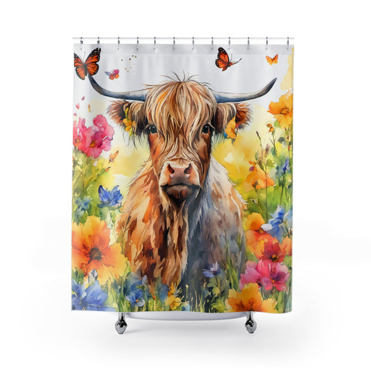 Rustic Floral Cow Shower Curtain, Farmhouse Bathroom Decor, Country Style, Boho Chic, Nature-Inspired Home Accessories, Unique Gift Idea