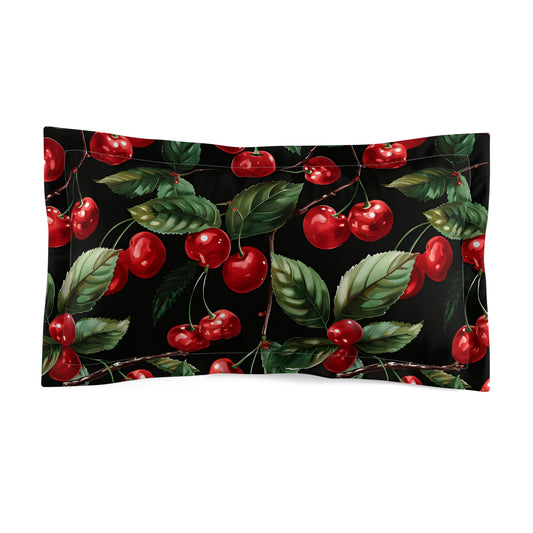 Cherry Blossom Microfiber Pillow Sham | Cozy Bedroom Decor, Gift for Her, Cherry Pattern Bedding, Black and Red Accent, Home Decor