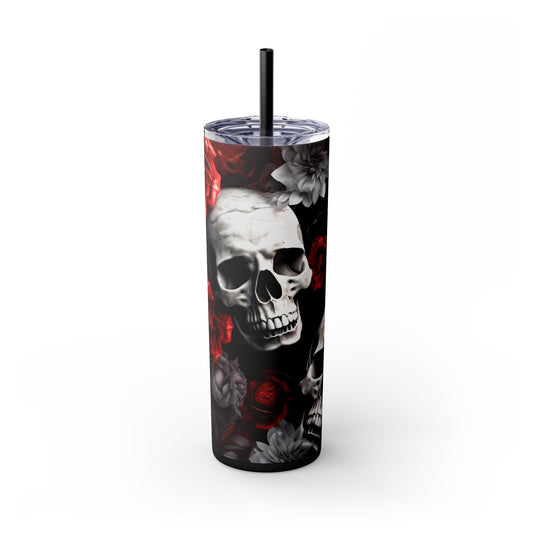 Skull and Roses Skinny Tumbler, 20oz, Edgy Travel Mug, Floral Cup with Straw, Gothic Drinkware for Halloween, Unique Gift Idea