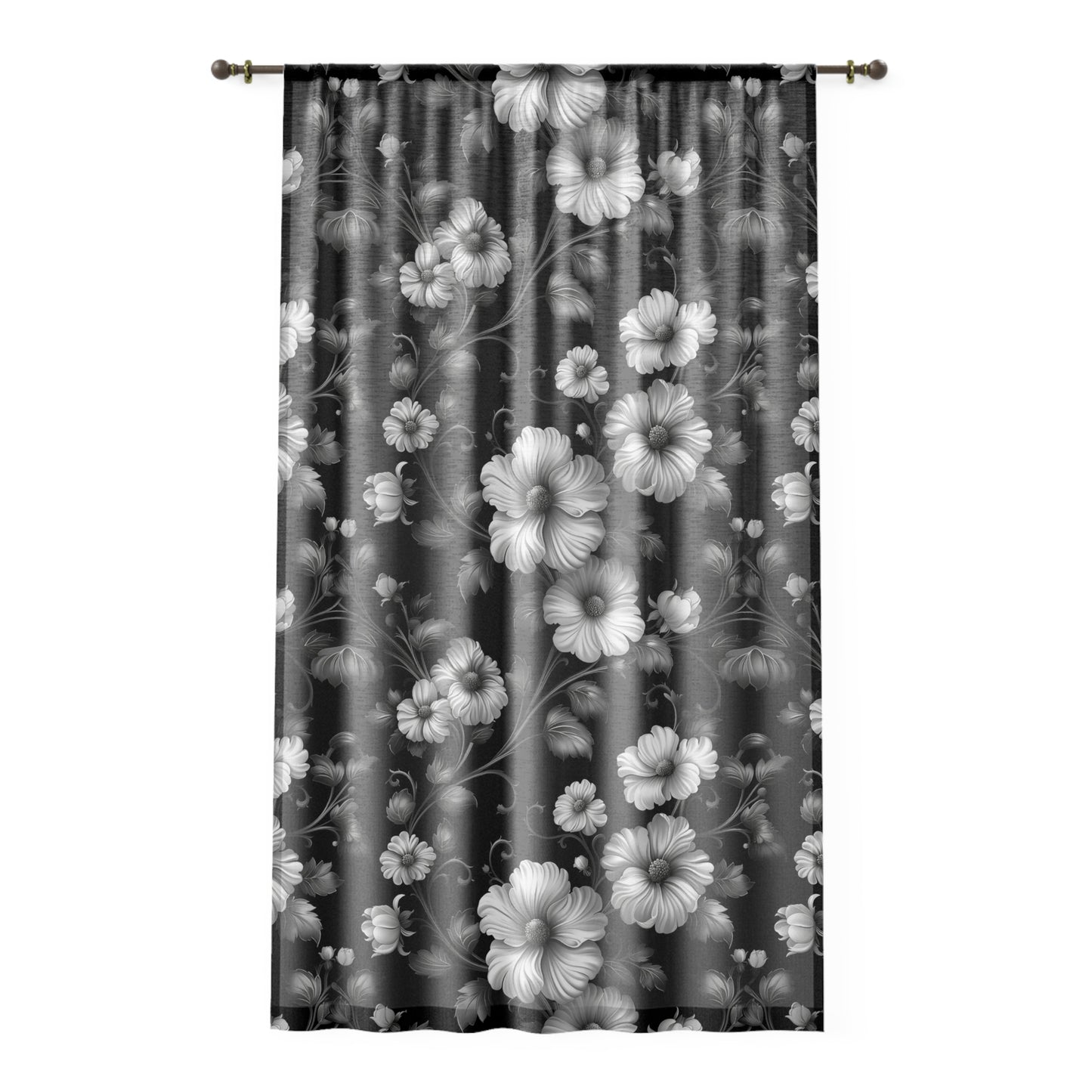 Elegant Floral Sheer Window Curtain, Home Decor, Bohemian Curtains, Black and White Floral Drapes, Wedding Decor, Summer Vibes