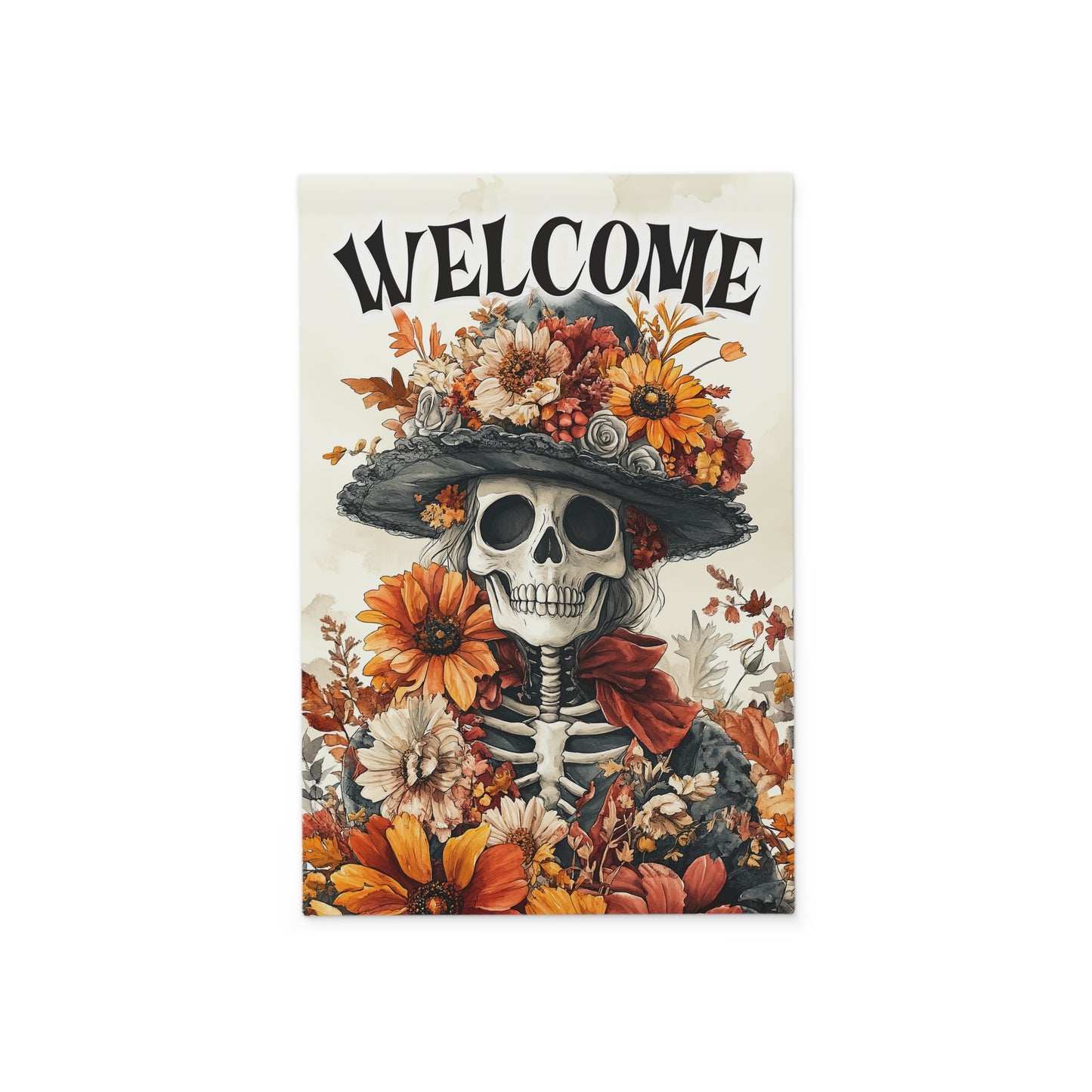 Welcome Garden Banner with Skull and Flowers, Outdoor Decor, Halloween Decoration, Fall Welcome Sign, Garden Flag