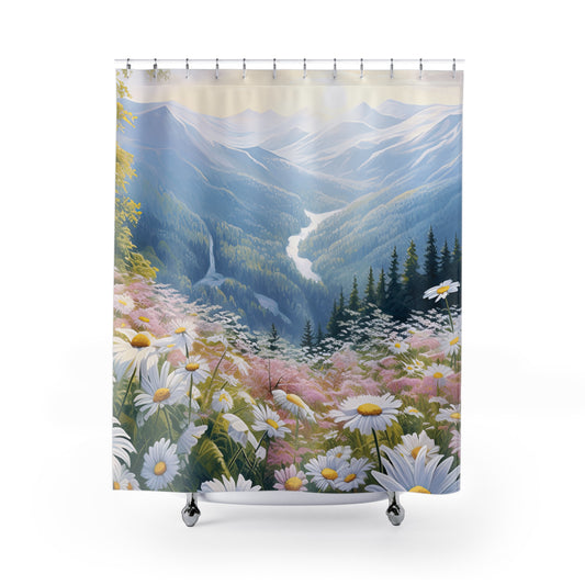 Nature-Inspired Shower Curtain, Floral Bathroom Decor, Mountain Landscape Curtain, Boho Home Essentials, Spring Vibes