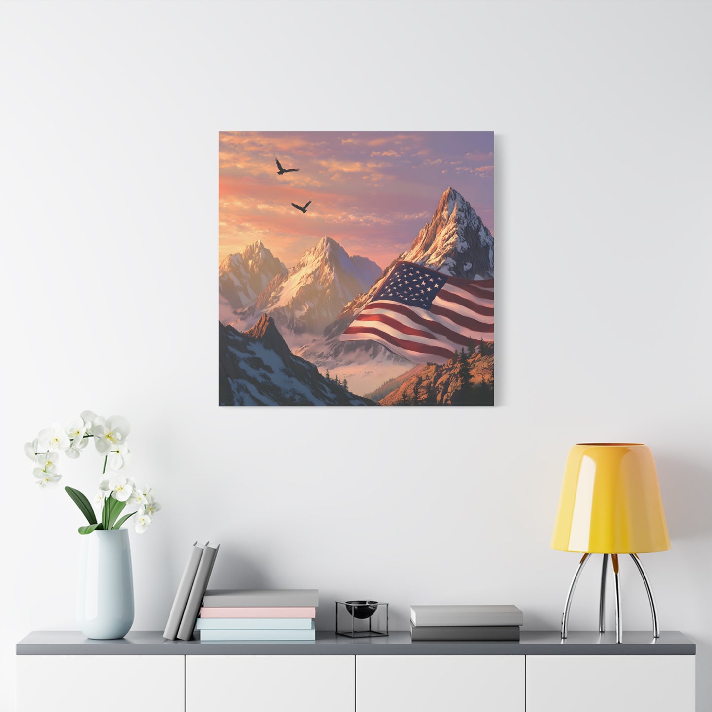 Patriotic Canvas Wall Art, Mountain Landscape with American Flag, Home Decor, Gift for Veterans, Nature Print, 4th of July Decoration