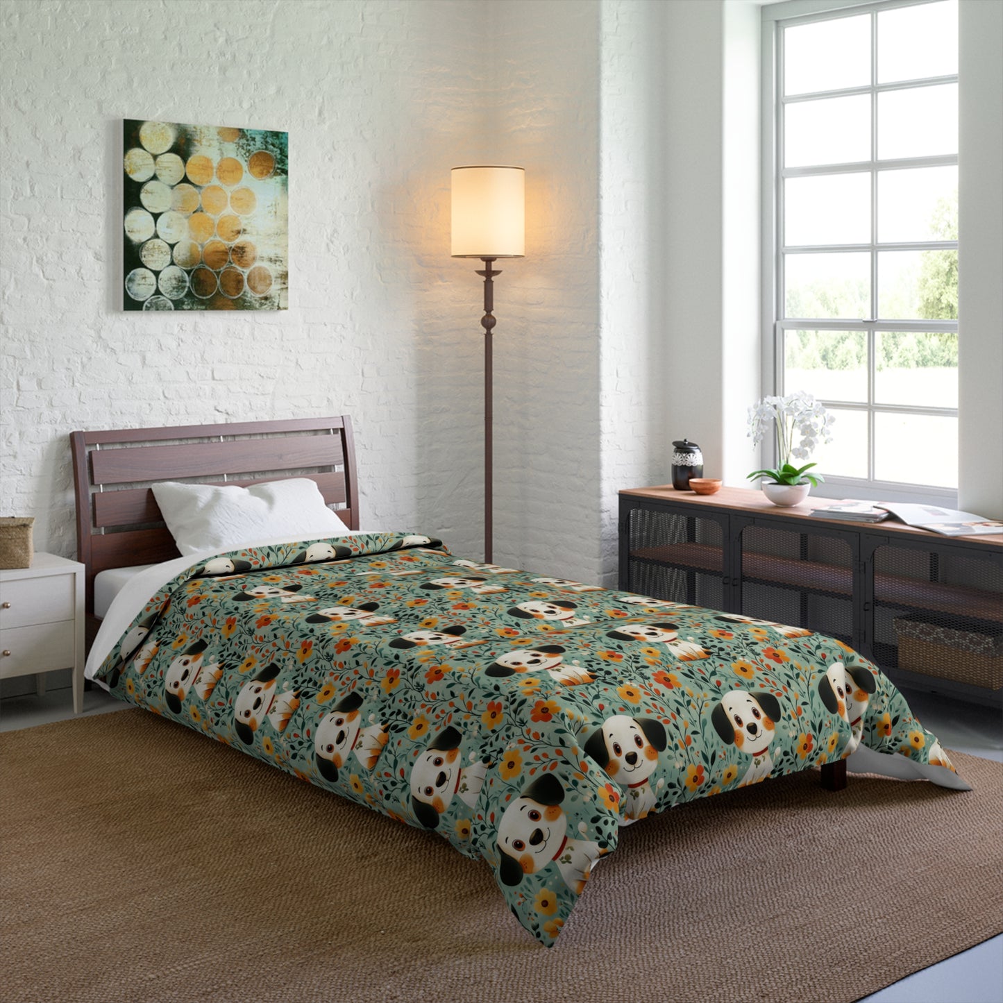 Cozy Dog-Themed Comforter | Cute Puppy Bedding for Pet Lovers, Floral Pattern Blanket, Unique Housewarming Gift, Kids Bedroom Decor