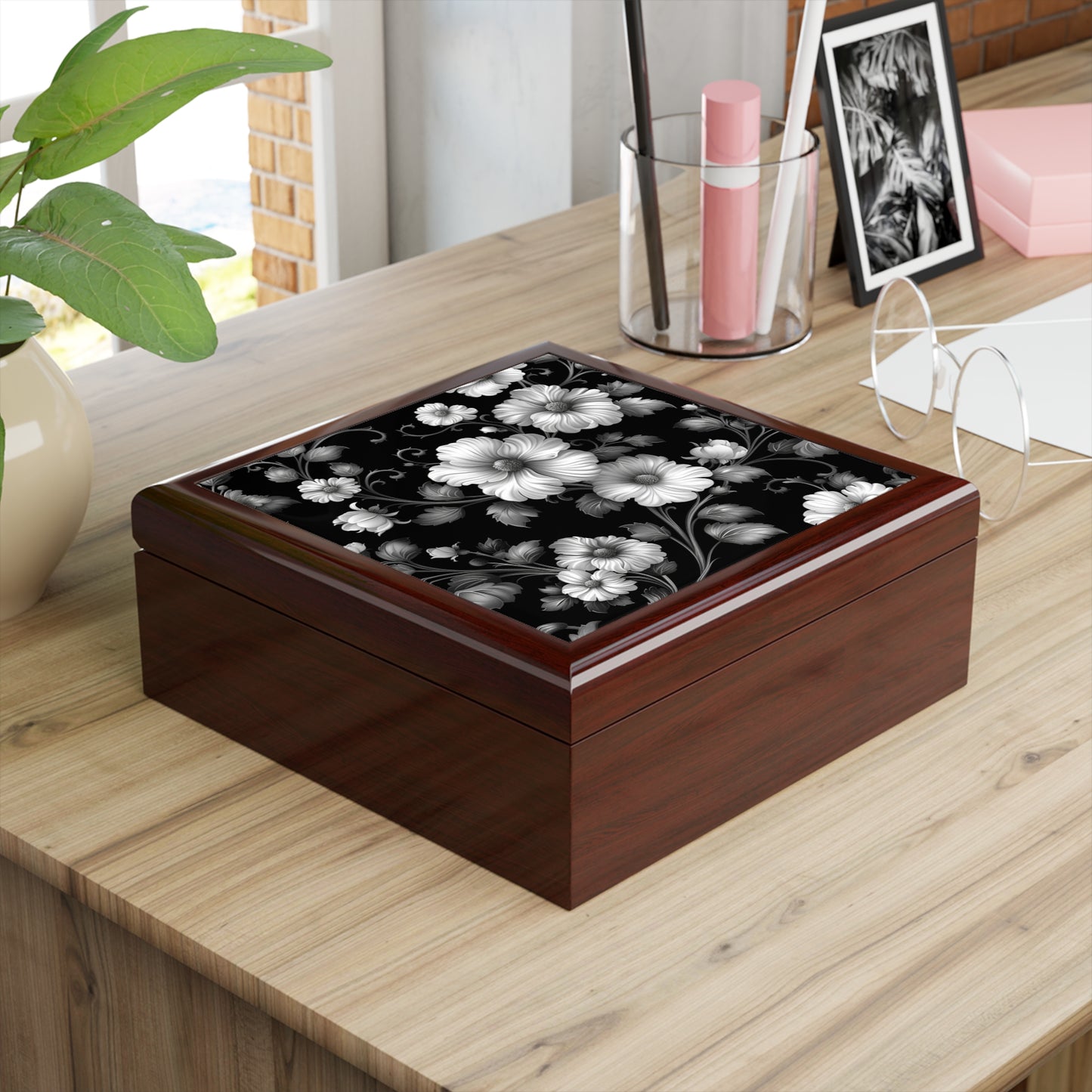 Elegant Floral Jewelry Box, Black Floral Design Keepsake, Gift for Her, Mothers Day, Wedding, Birthday, Home Decor, Jewelry Organizer