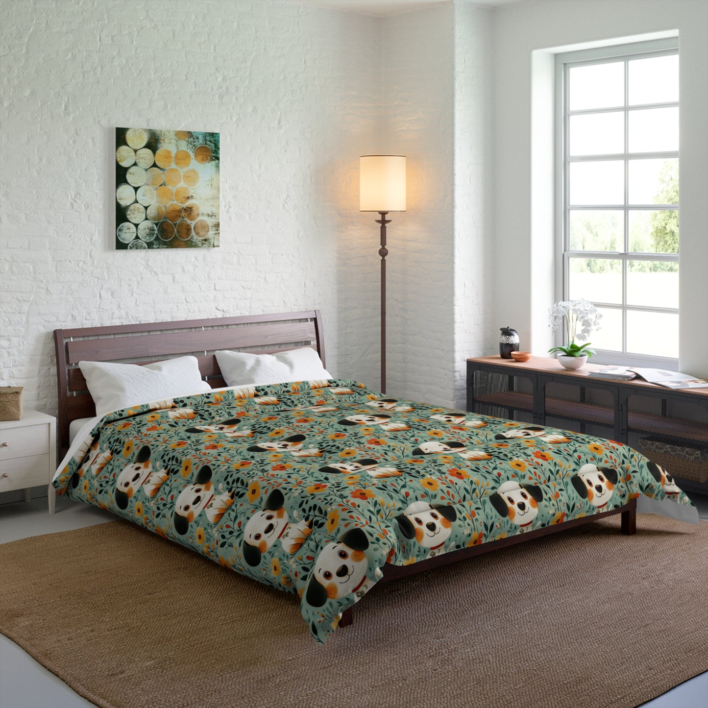 Cozy Dog-Themed Comforter | Cute Puppy Bedding for Pet Lovers, Floral Pattern Blanket, Unique Housewarming Gift, Kids Bedroom Decor