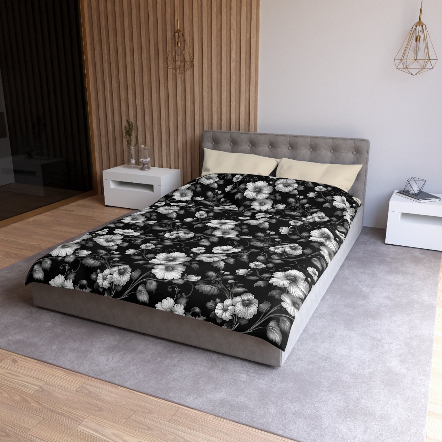 Floral Microfiber Duvet Cover | Elegant Black & White Bedding, Boho Home Decor, Gift for Her, Cozy Bedroom Essentials, Floral Decor