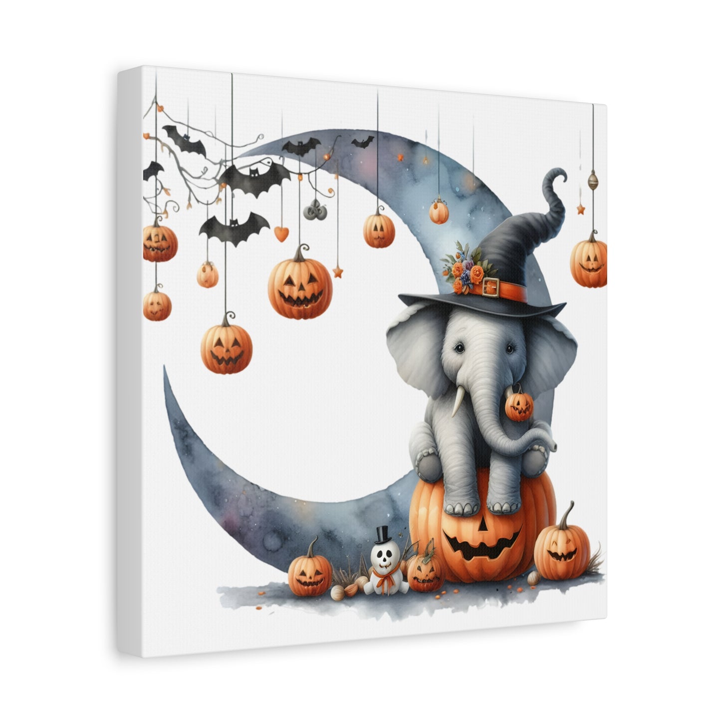 Halloween Elephant Canvas Wall Art, Cute Fall Decor, Pumpkin Elephant Print, Kids Room Decor, Seasonal Home Decoration