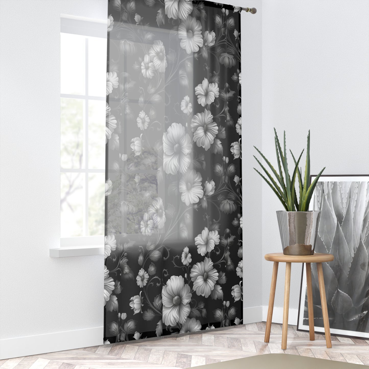 Elegant Floral Sheer Window Curtain, Home Decor, Bohemian Curtains, Black and White Floral Drapes, Wedding Decor, Summer Vibes