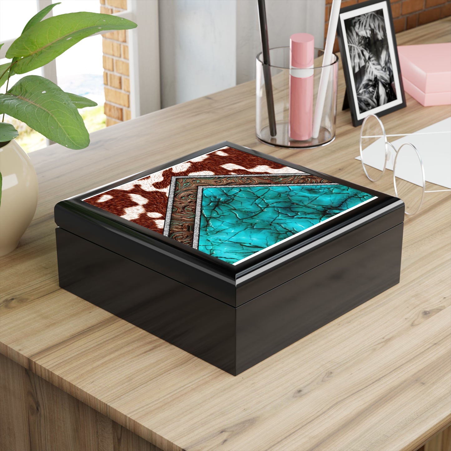 Rustic Turquoise Jewelry Box, Stylish Organizer, Cowhide Decor, Gift for Nature Lovers, Wedding, Anniversary