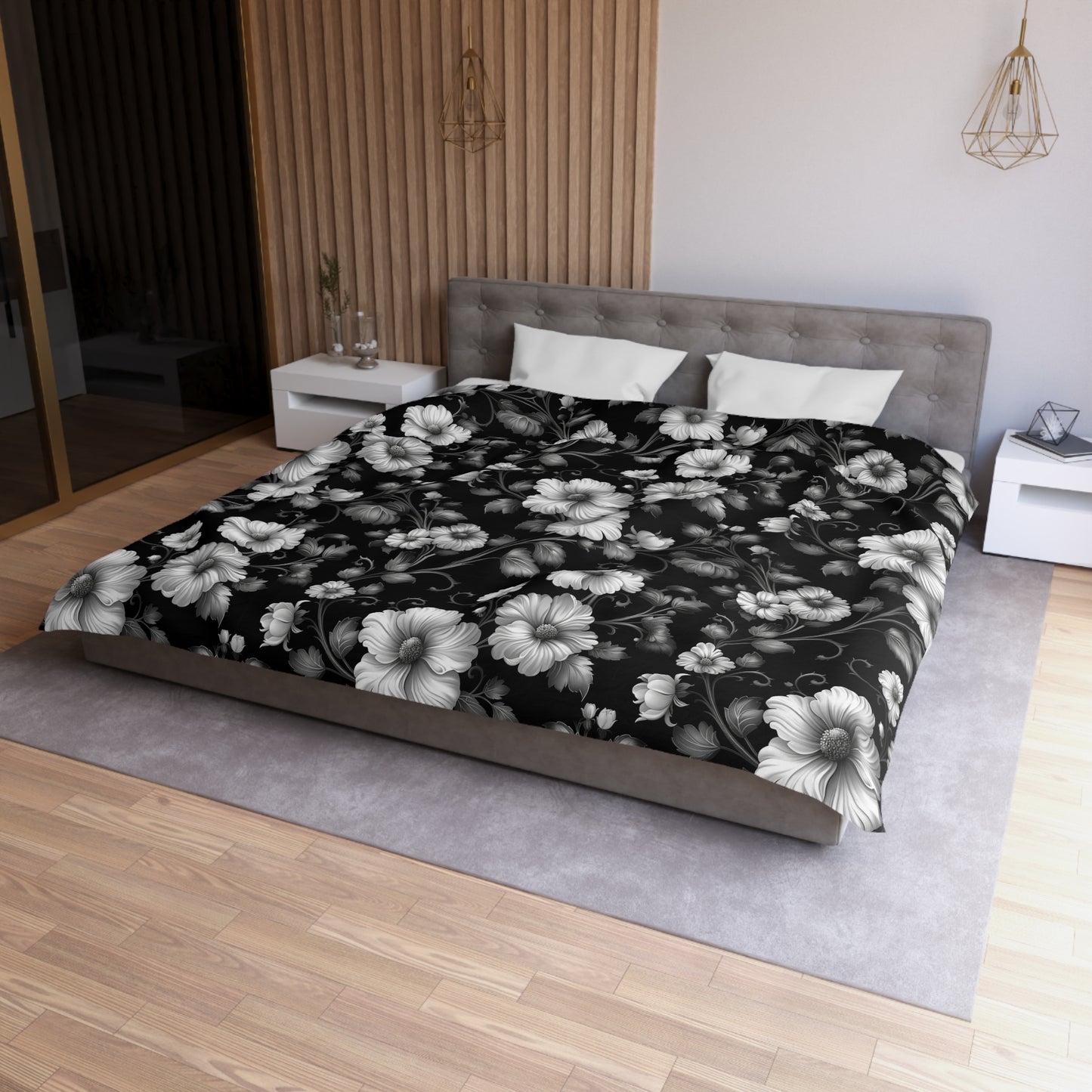 Floral Microfiber Duvet Cover | Elegant Black & White Bedding, Boho Home Decor, Gift for Her, Cozy Bedroom Essentials, Floral Decor