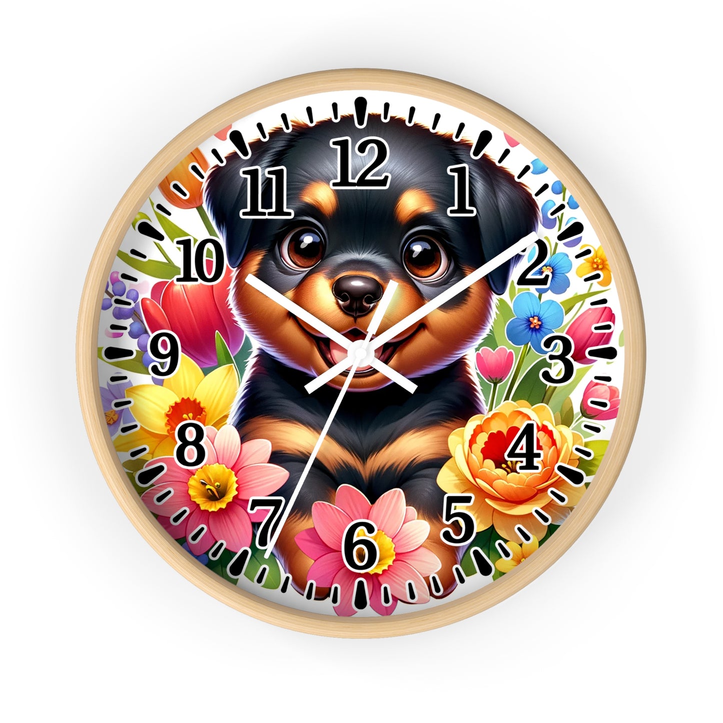 Floral Rottweiler Wall Clock, Pet Lover Gift, Home Decor, Dog Theme Timepiece, Vibrant Kitchen Clock, Unique Animal Clock