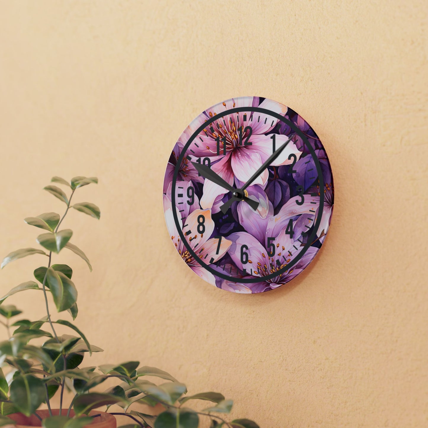 Floral Acrylic Wall Clock, Boho Home Decor, Unique Gift for Her, Modern Wall Art, Birthday, Wedding, Housewarming