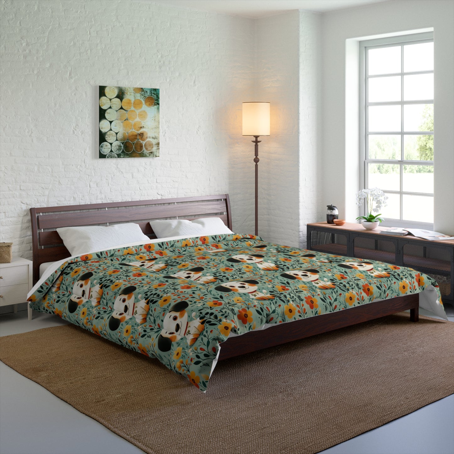 Cozy Dog-Themed Comforter | Cute Puppy Bedding for Pet Lovers, Floral Pattern Blanket, Unique Housewarming Gift, Kids Bedroom Decor